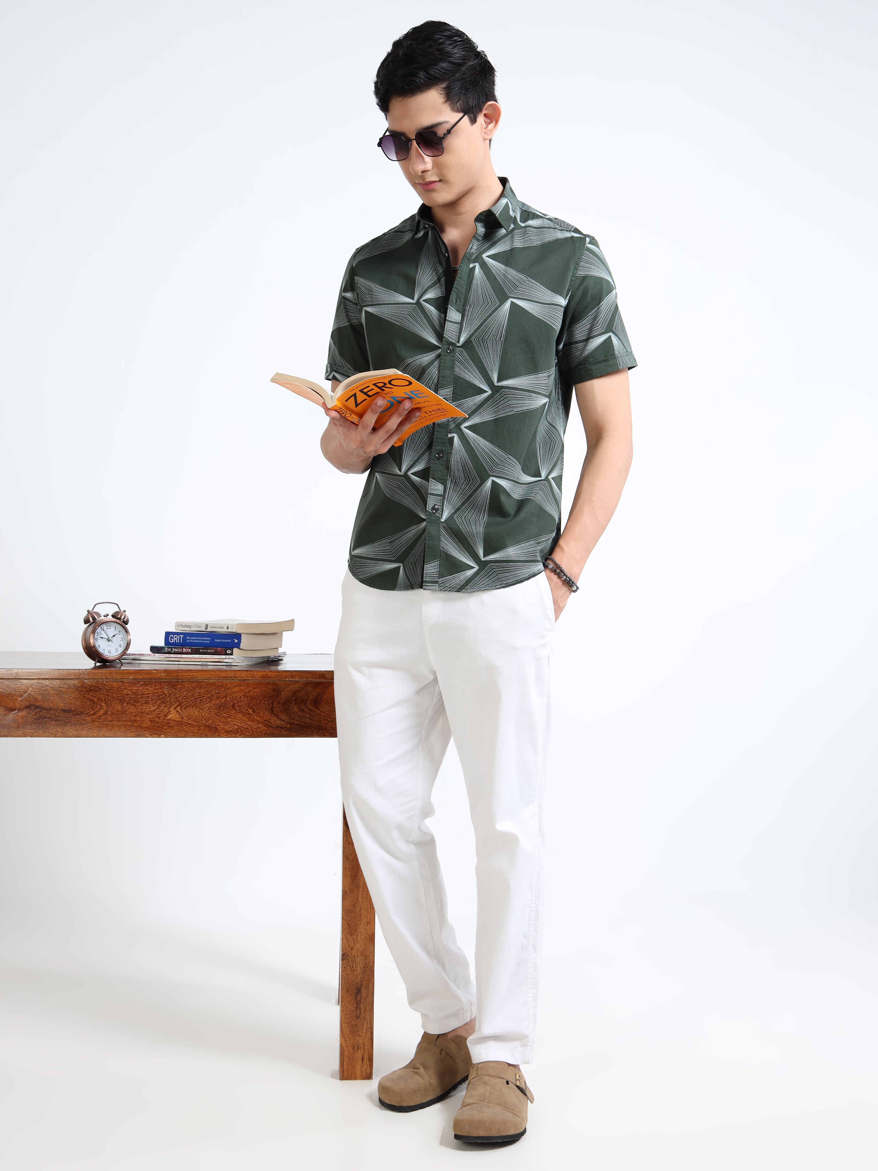 MEN'S GREEN PRINT SLIM FIT SHIRT