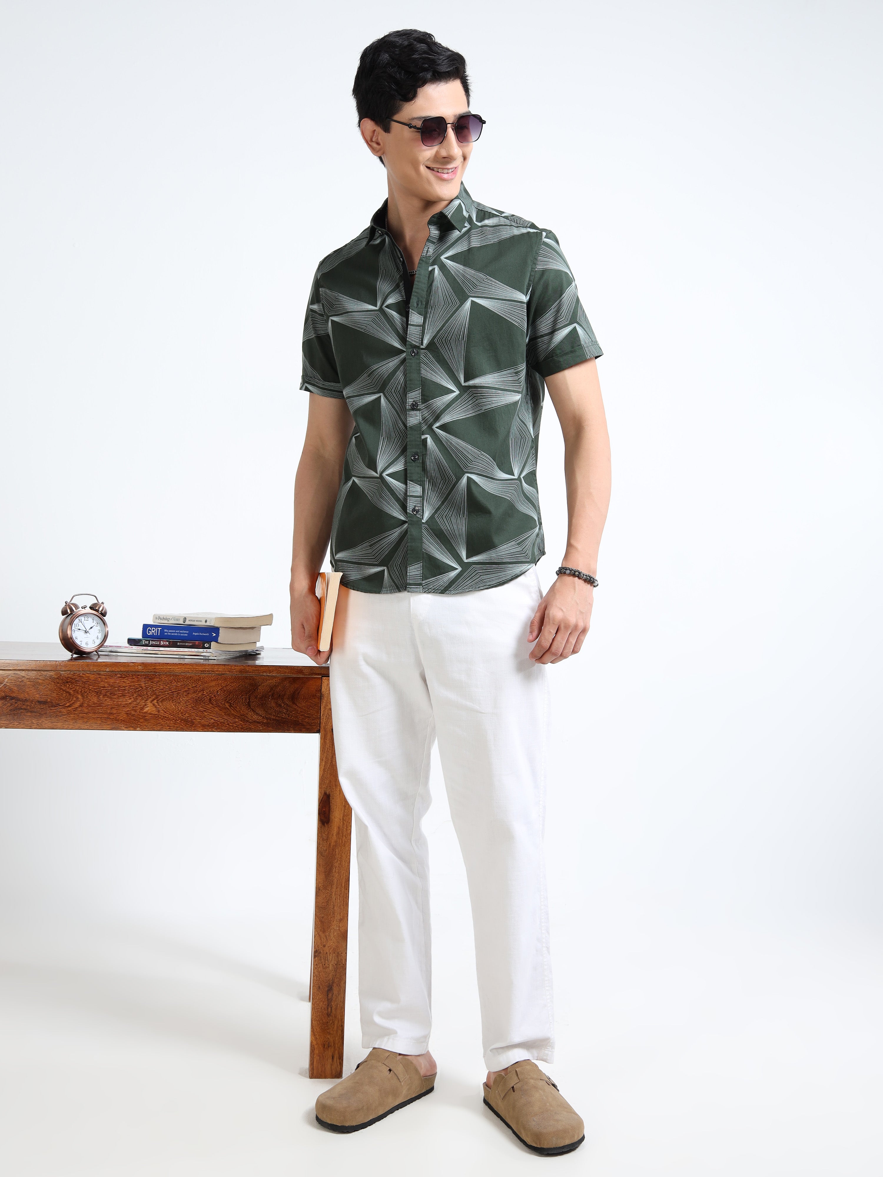 MEN'S GREEN PRINT SLIM FIT SHIRT