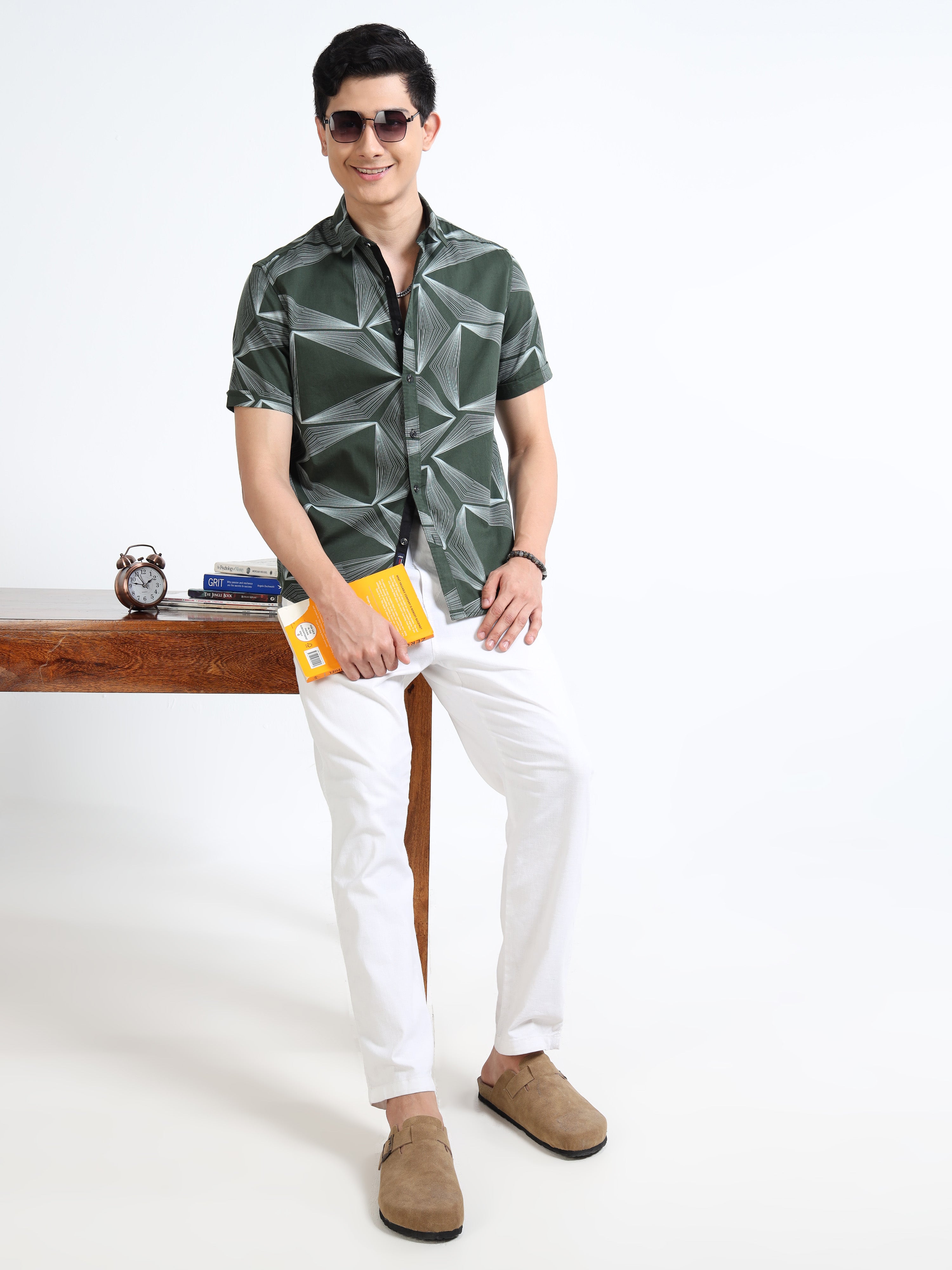 MEN'S GREEN PRINT SLIM FIT SHIRT