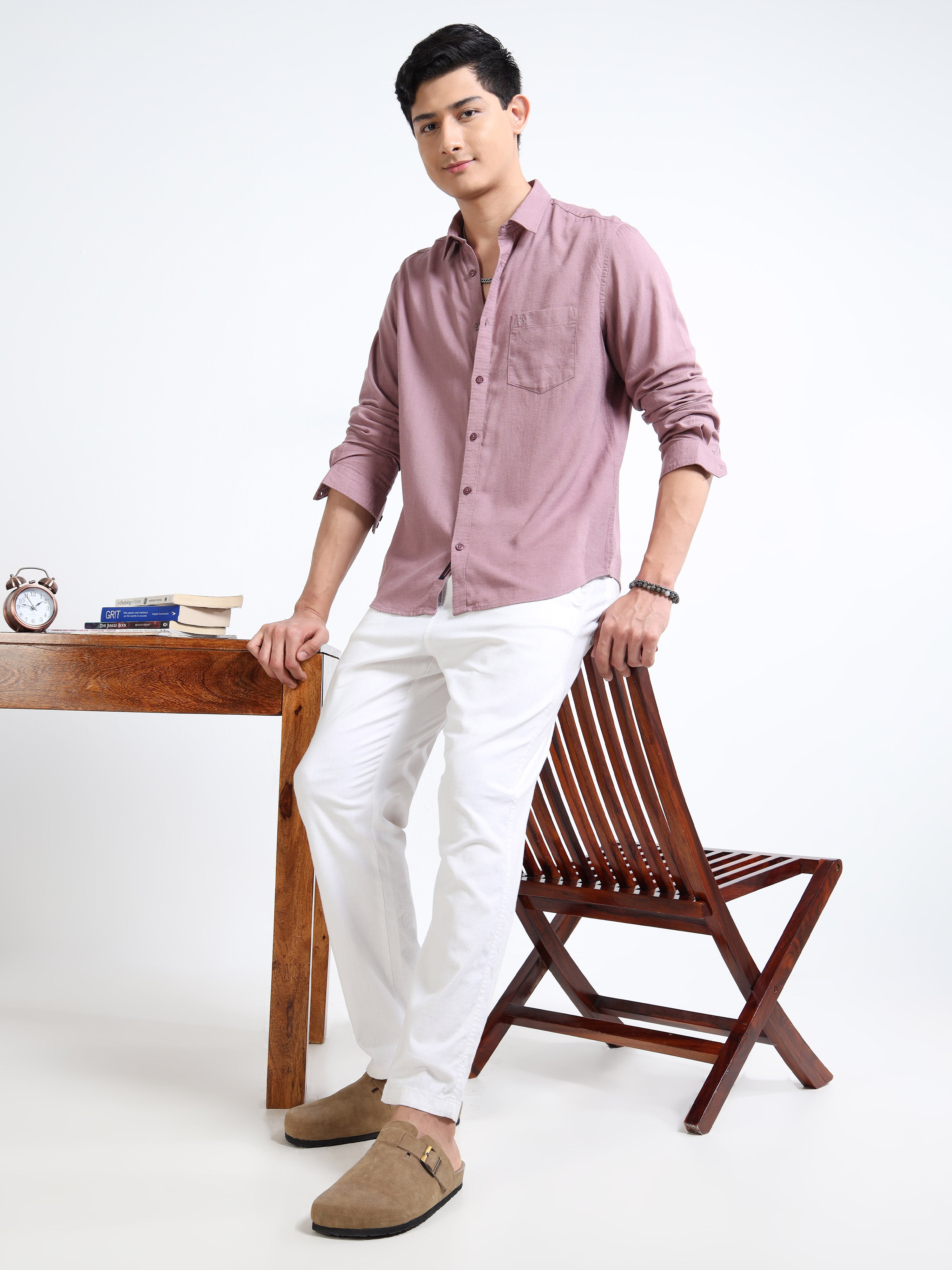MEN'S ROSE SOLID SLIM FIT LINEN SHIRT
