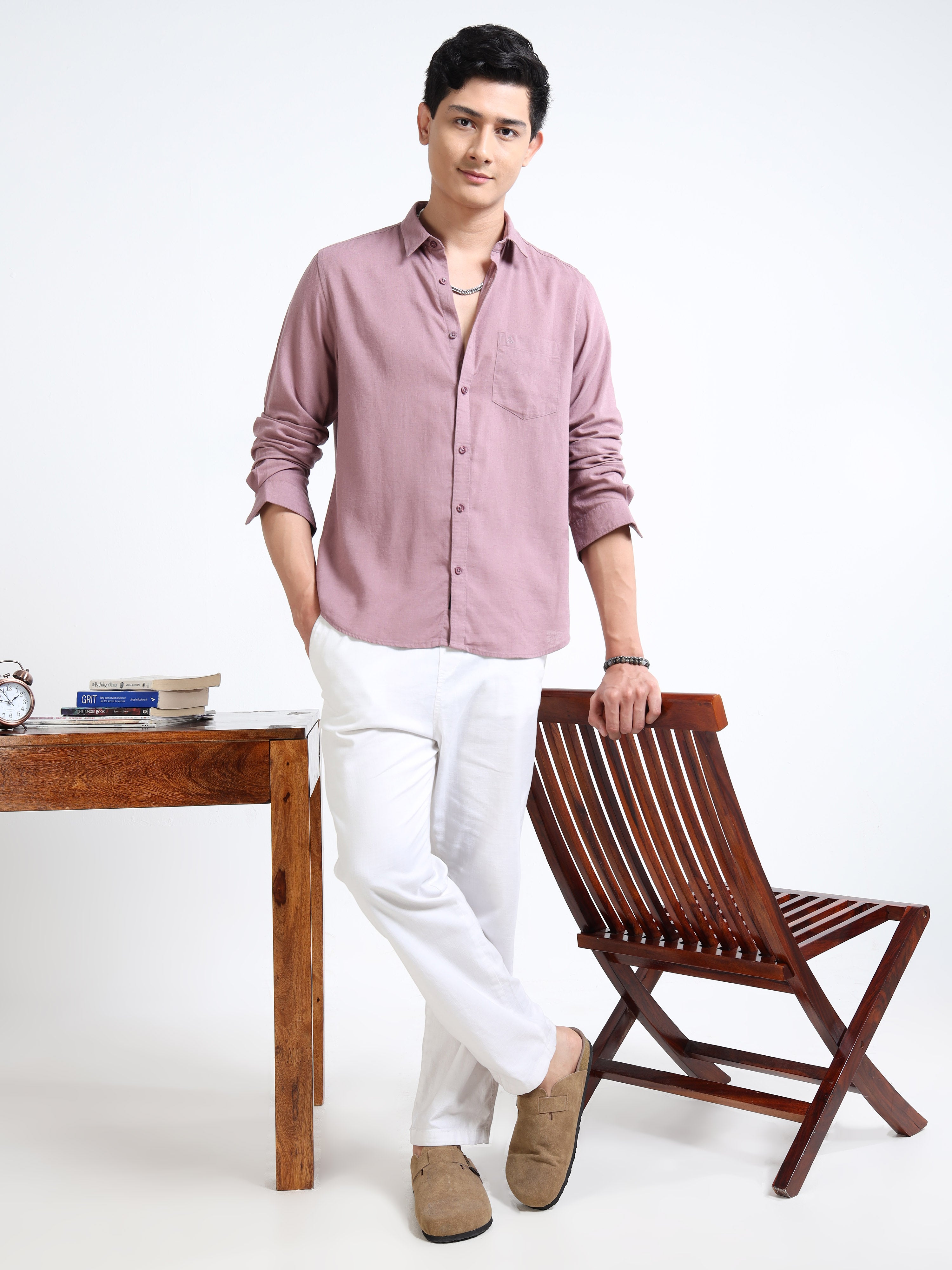 MEN'S ROSE SOLID SLIM FIT LINEN SHIRT