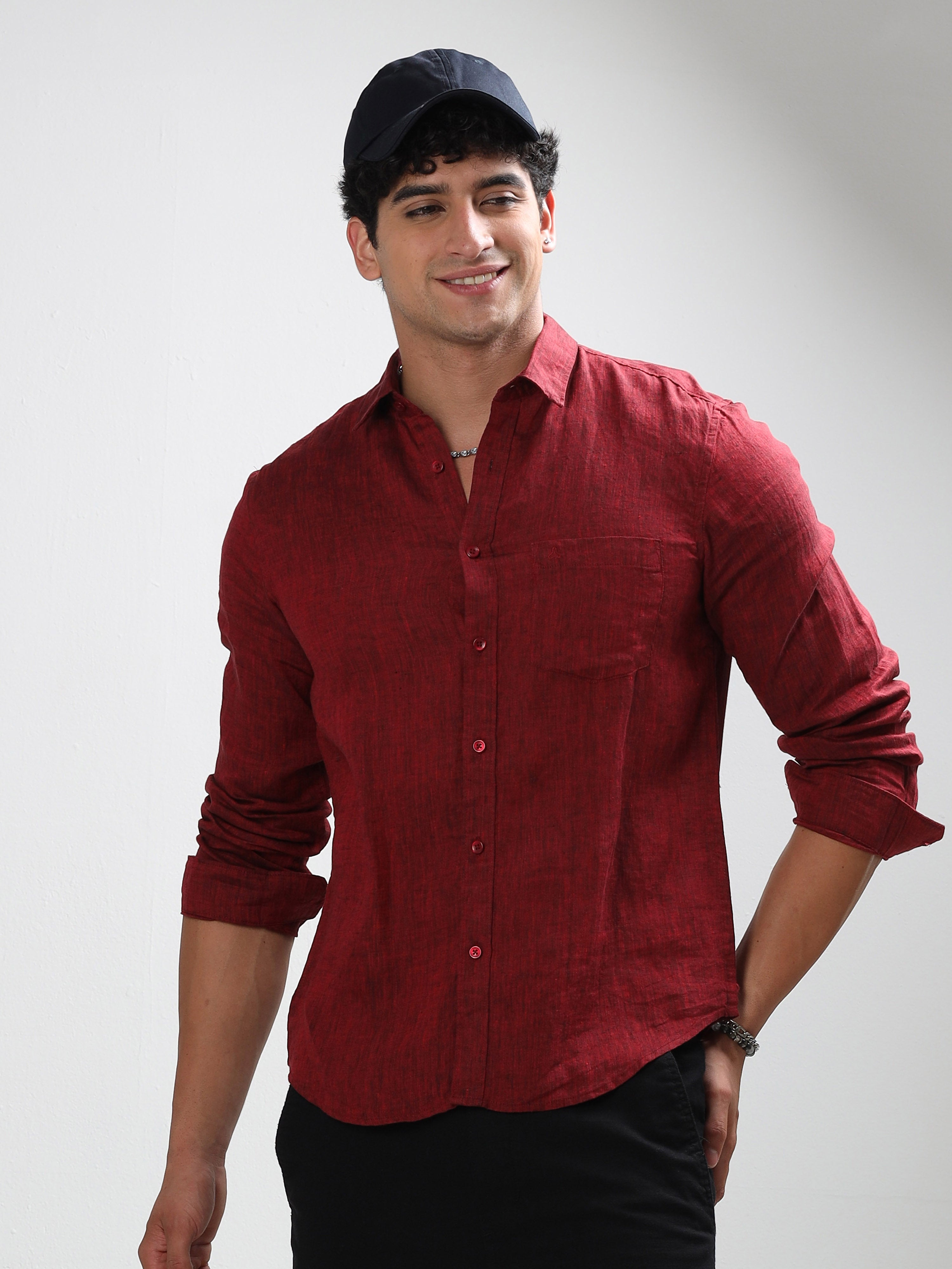 MEN'S MAROON SOLID SLIM FIT LINEN SHIRT