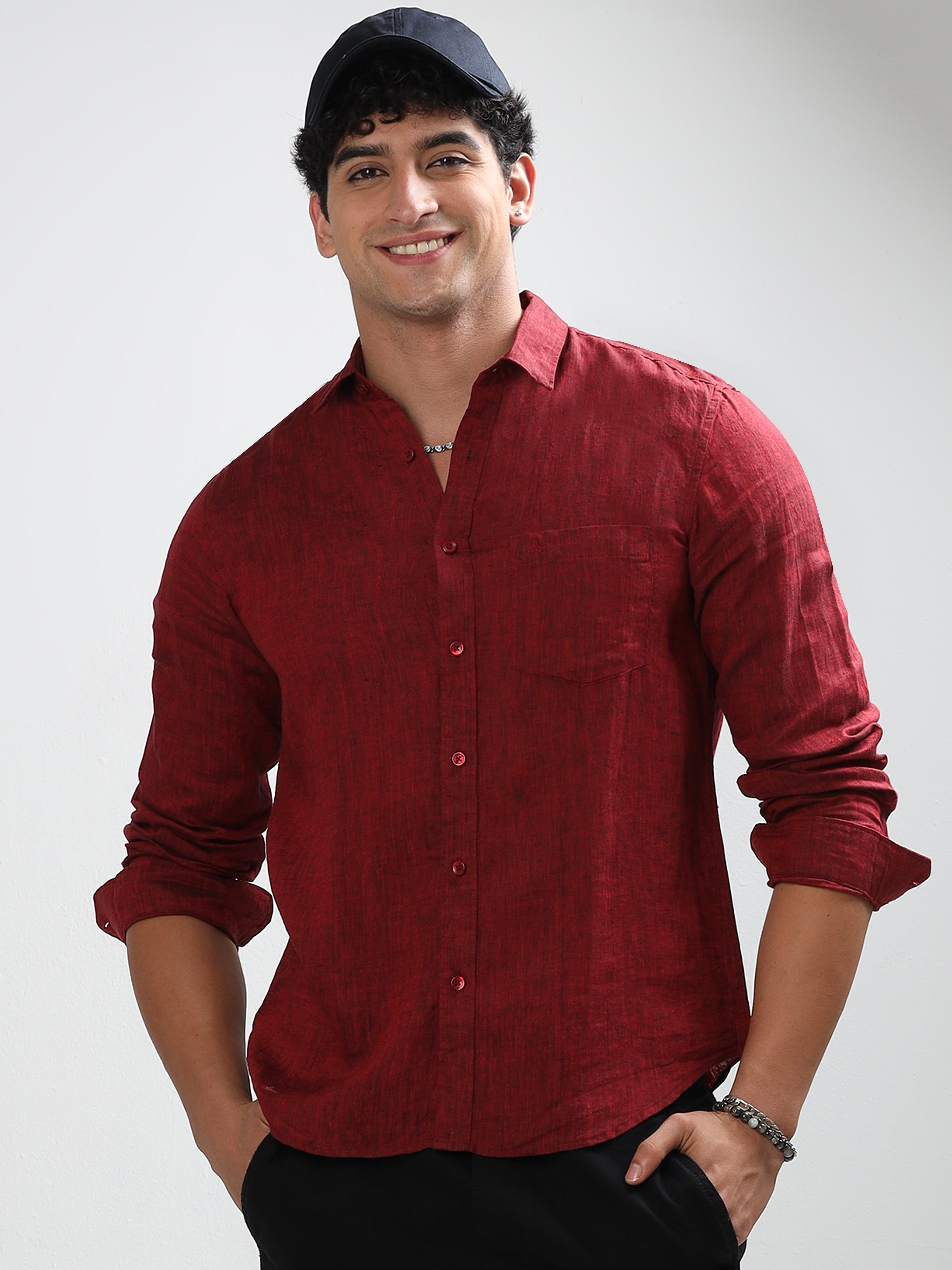 MEN'S MAROON SOLID SLIM FIT LINEN SHIRT