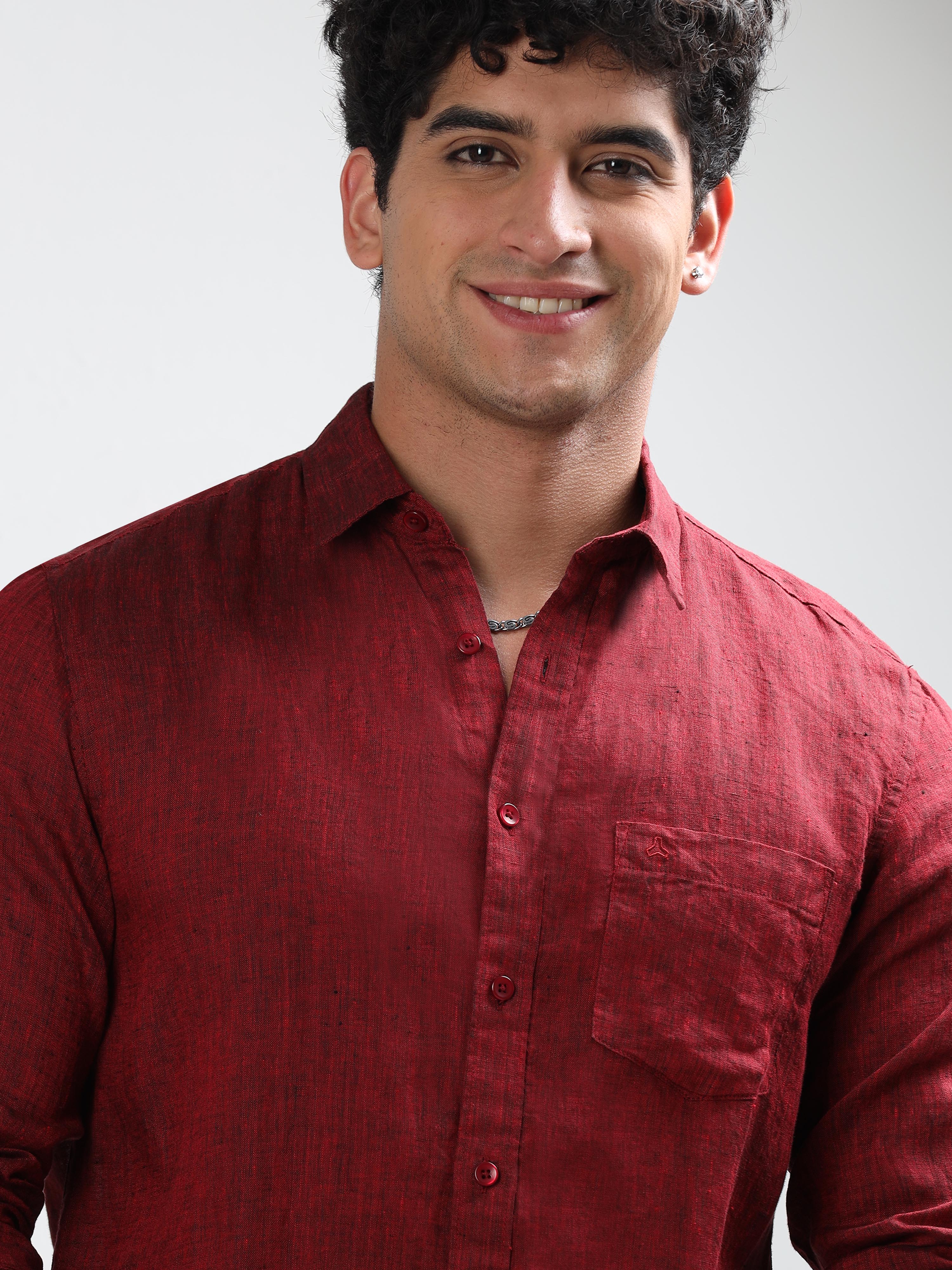 MEN'S MAROON SOLID SLIM FIT LINEN SHIRT