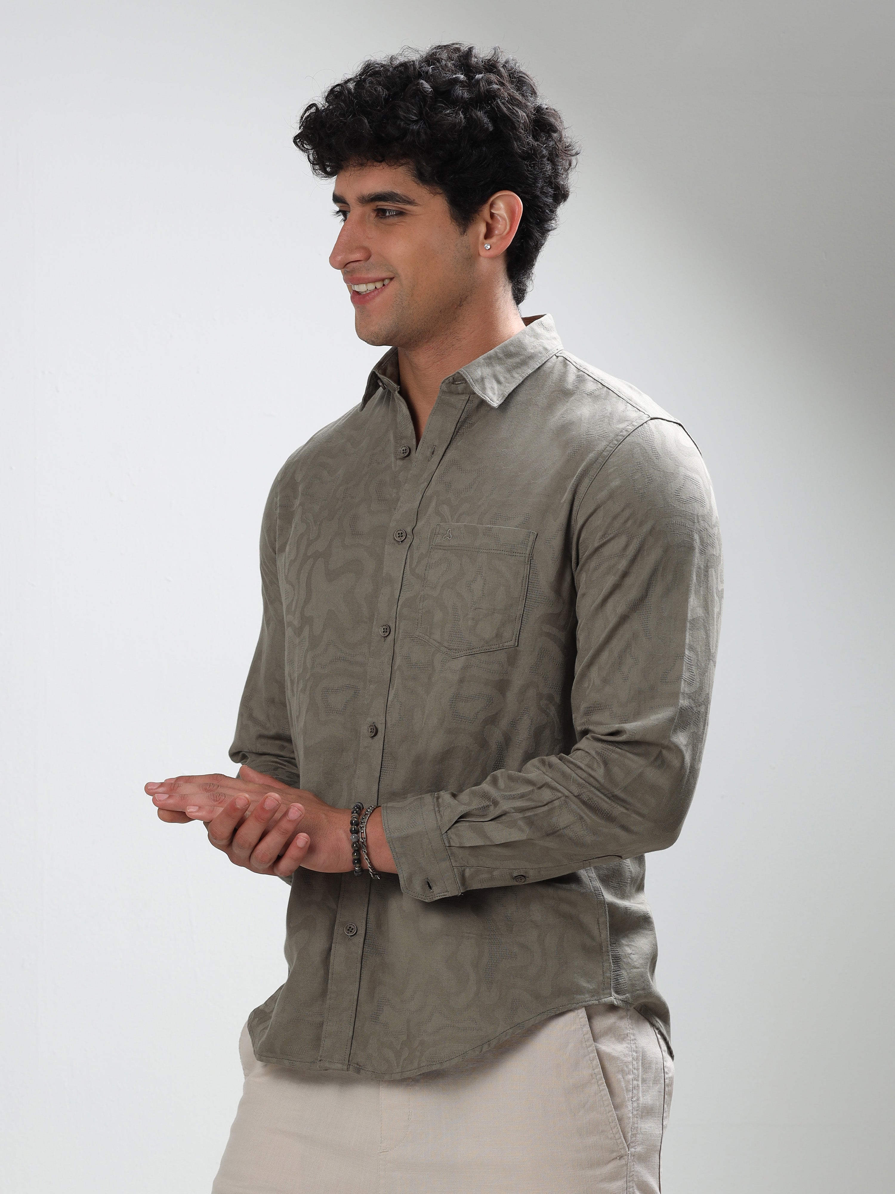 MEN'S TEAL GREEN SELF DESIGN SLIM FIT SHIRT