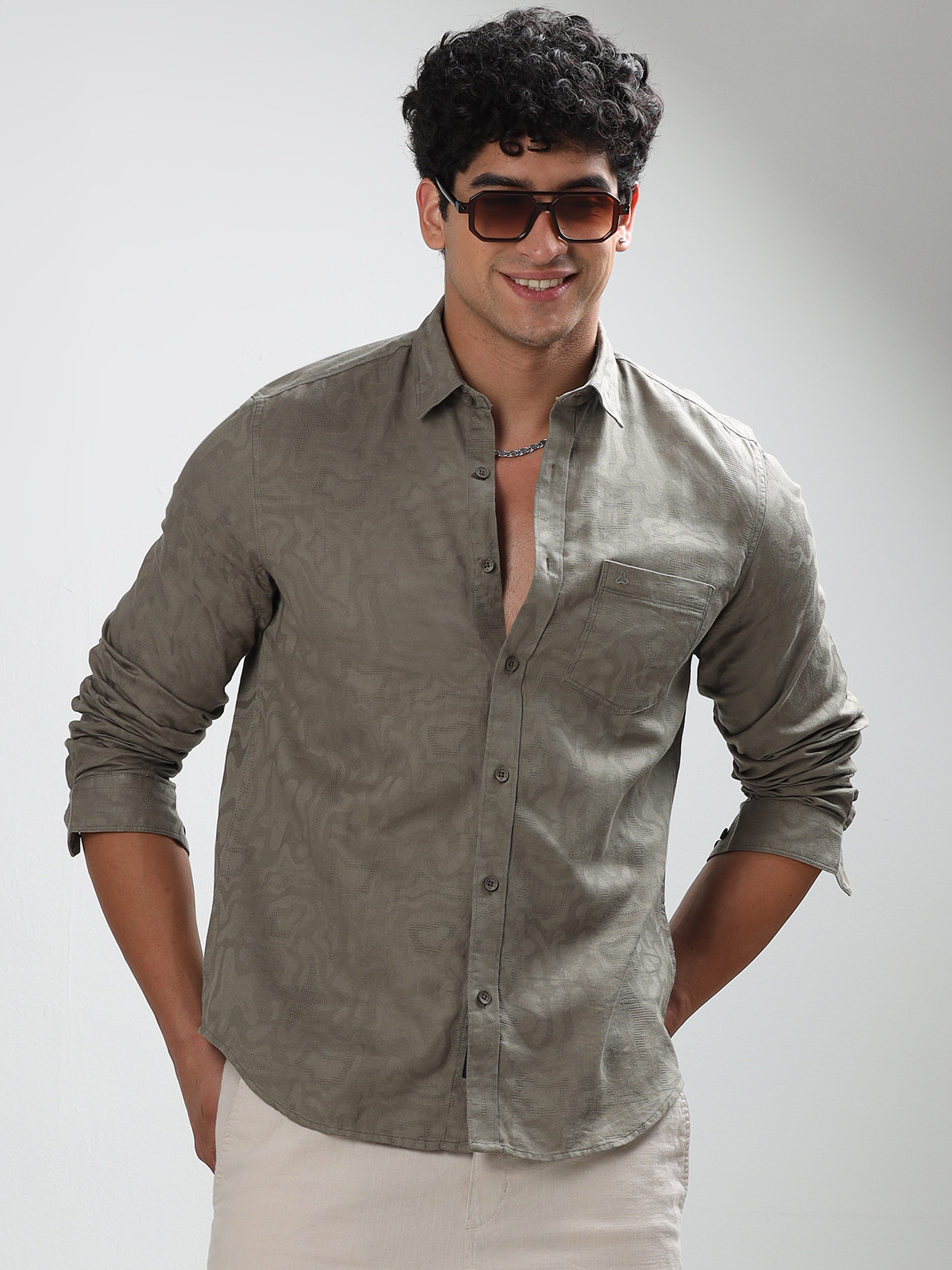 MEN'S TEAL GREEN SELF DESIGN SLIM FIT SHIRT