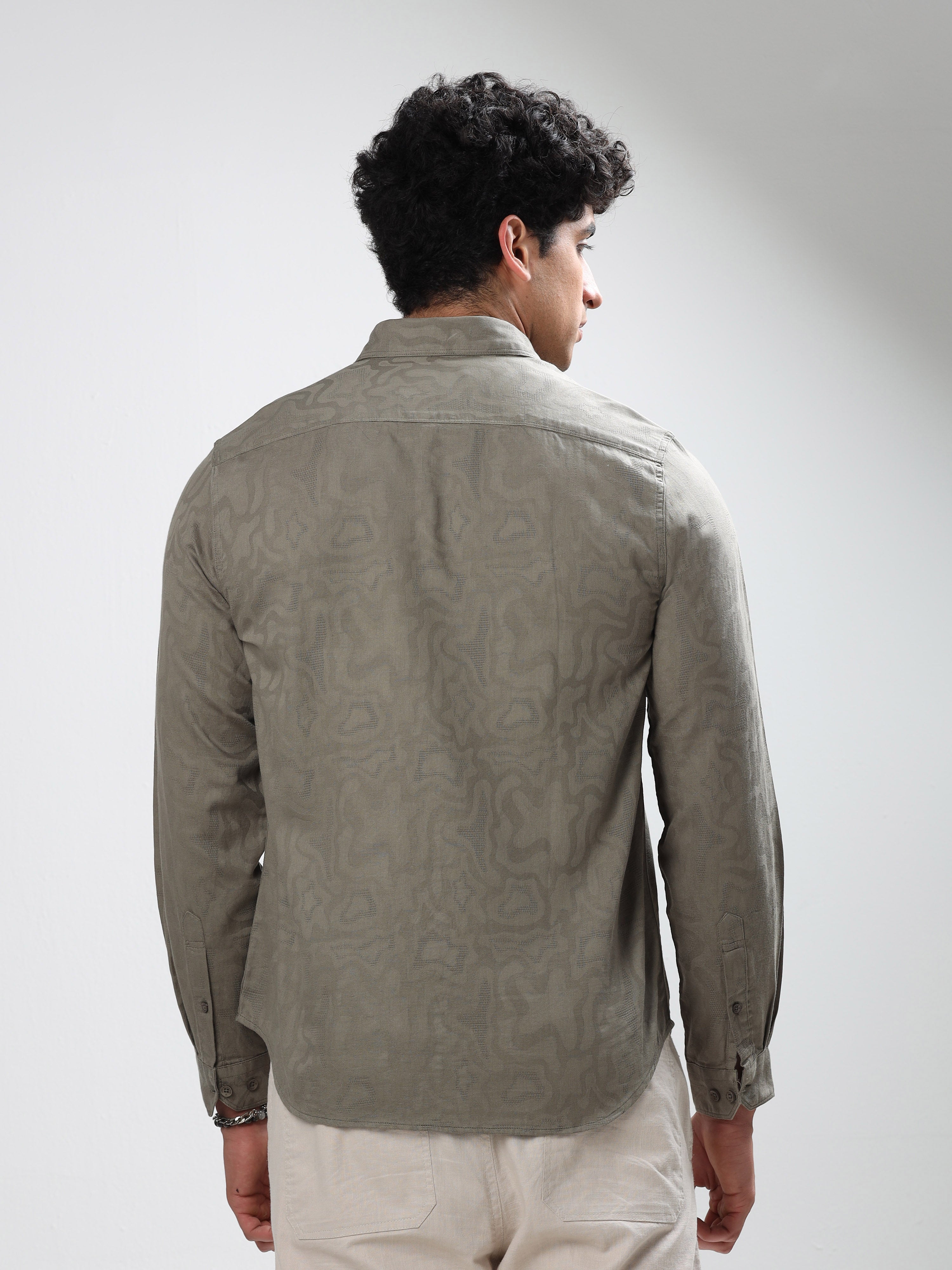 MEN'S TEAL GREEN SELF DESIGN SLIM FIT SHIRT