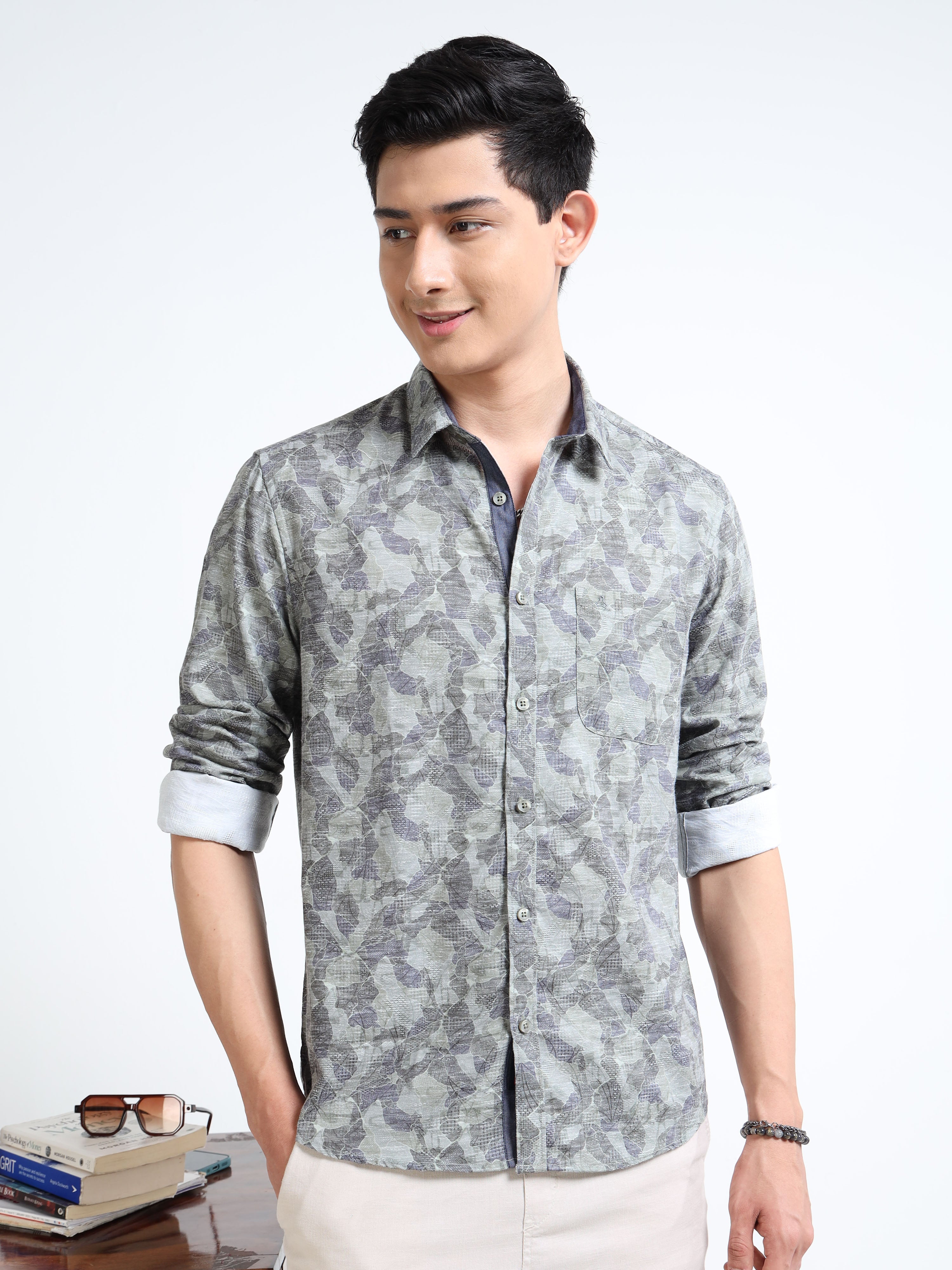 MEN'S GREEN PRINT SLIM FIT SHIRT