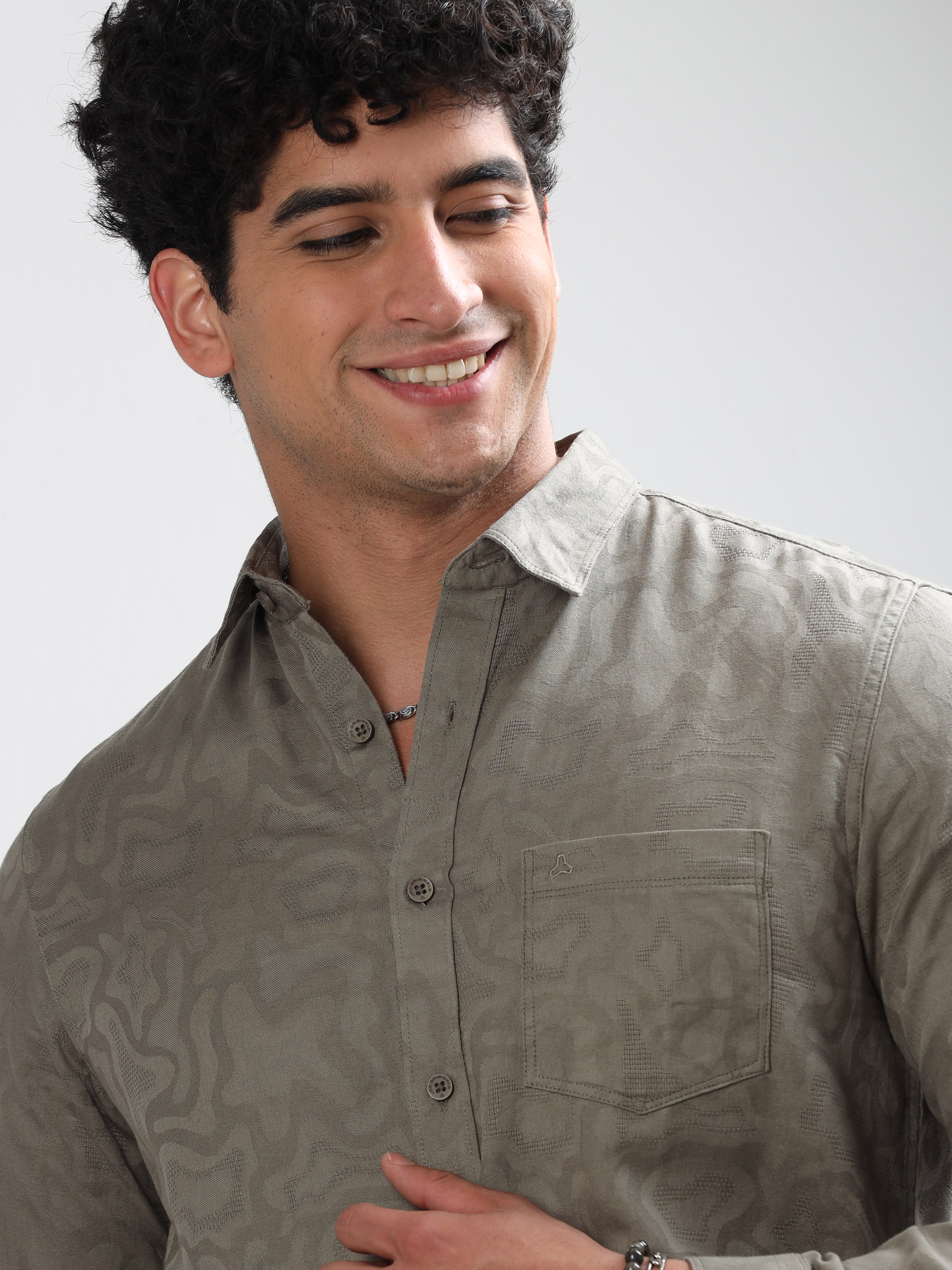 MEN'S TEAL GREEN SELF DESIGN SLIM FIT SHIRT