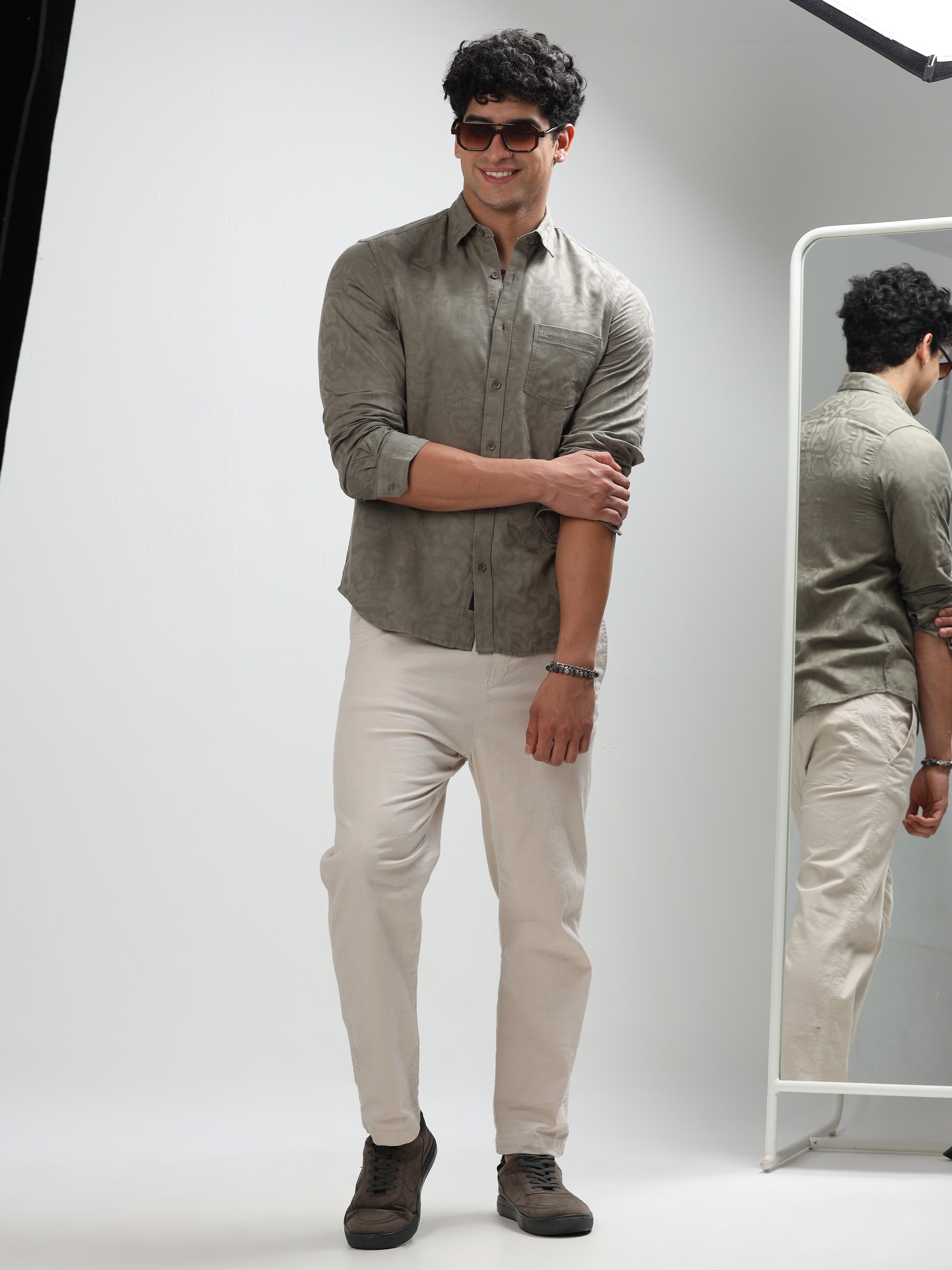 MEN'S TEAL GREEN SELF DESIGN SLIM FIT SHIRT