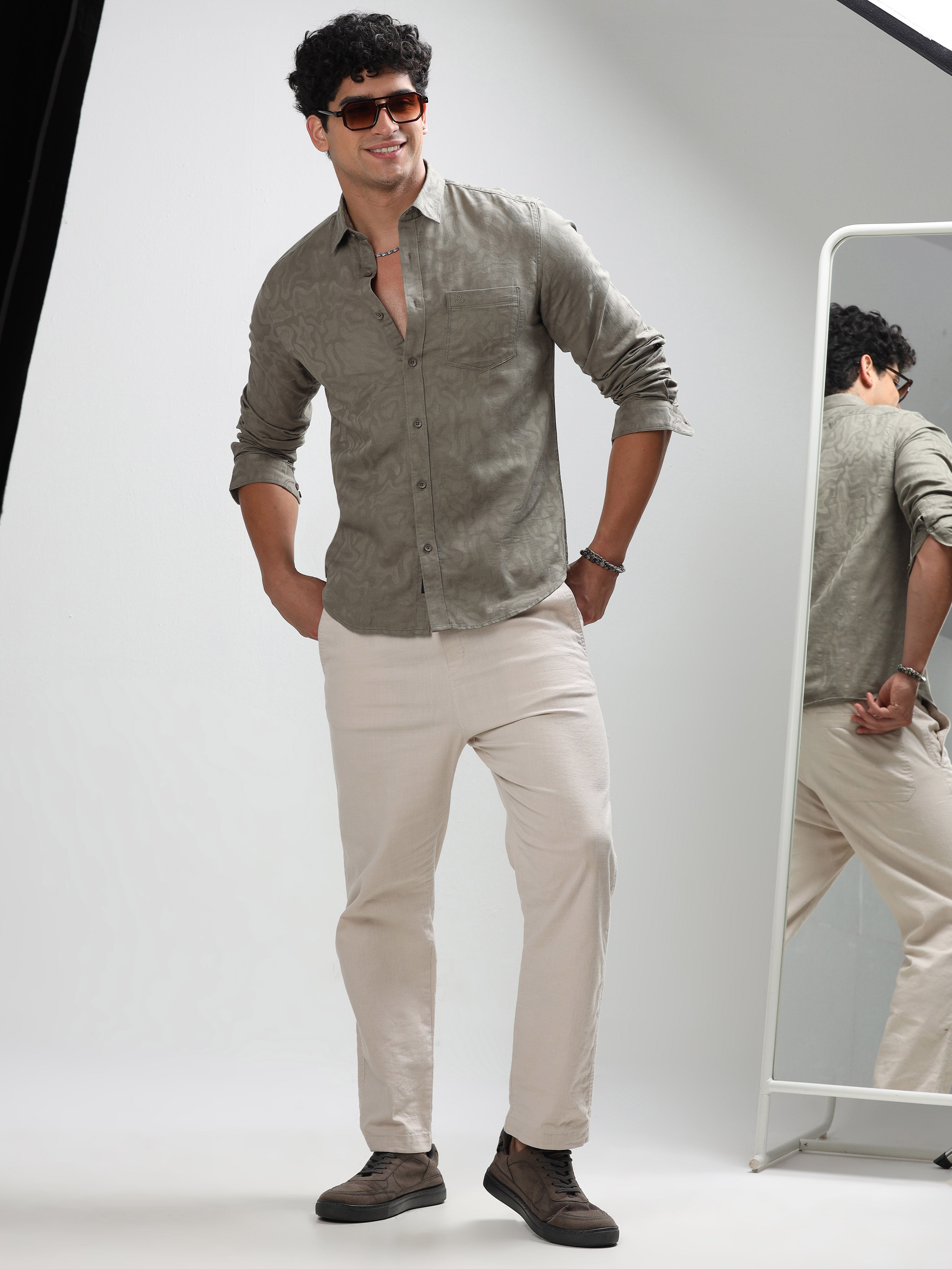 MEN'S TEAL GREEN SELF DESIGN SLIM FIT SHIRT