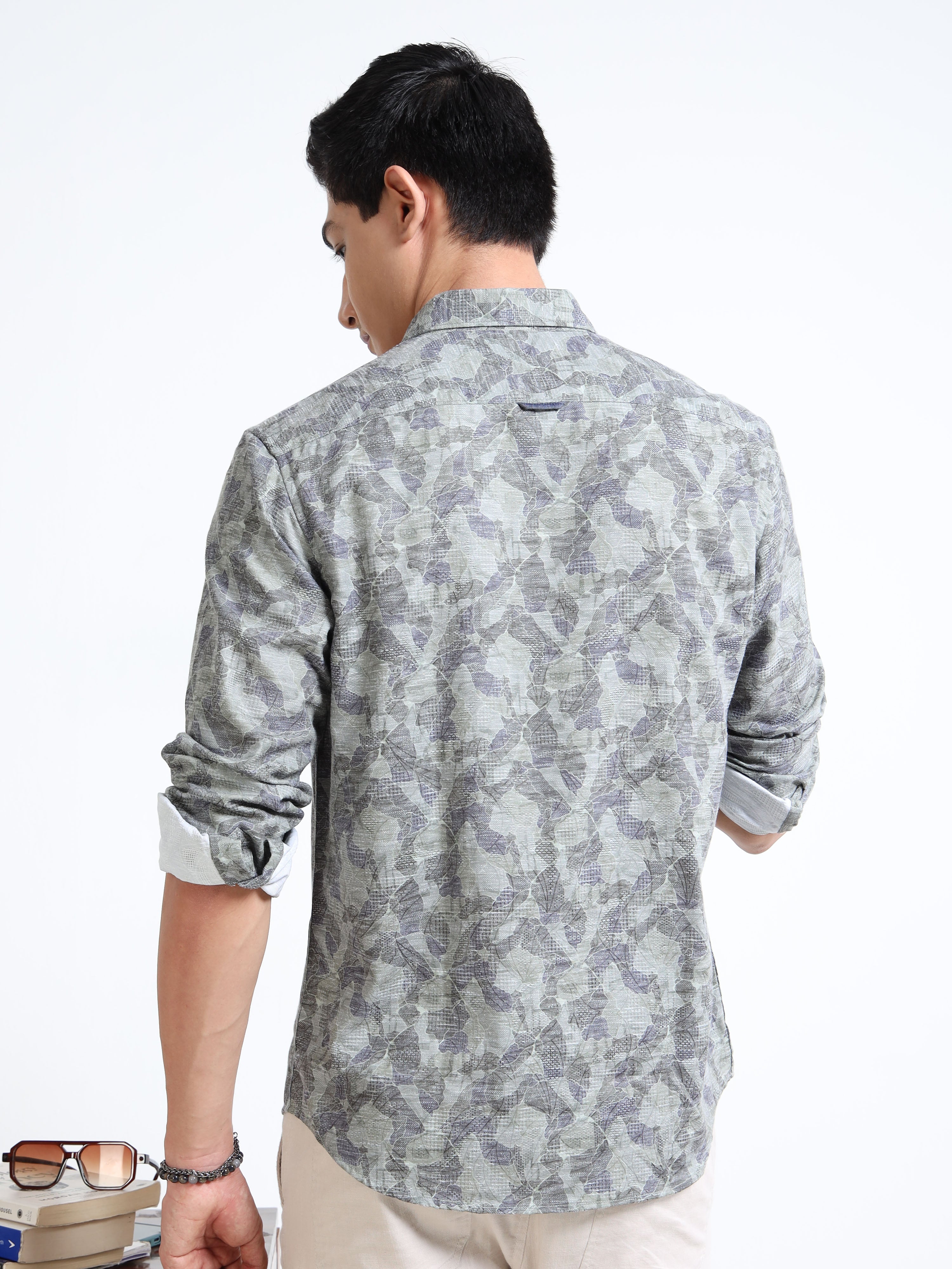 MEN'S GREEN PRINT SLIM FIT SHIRT