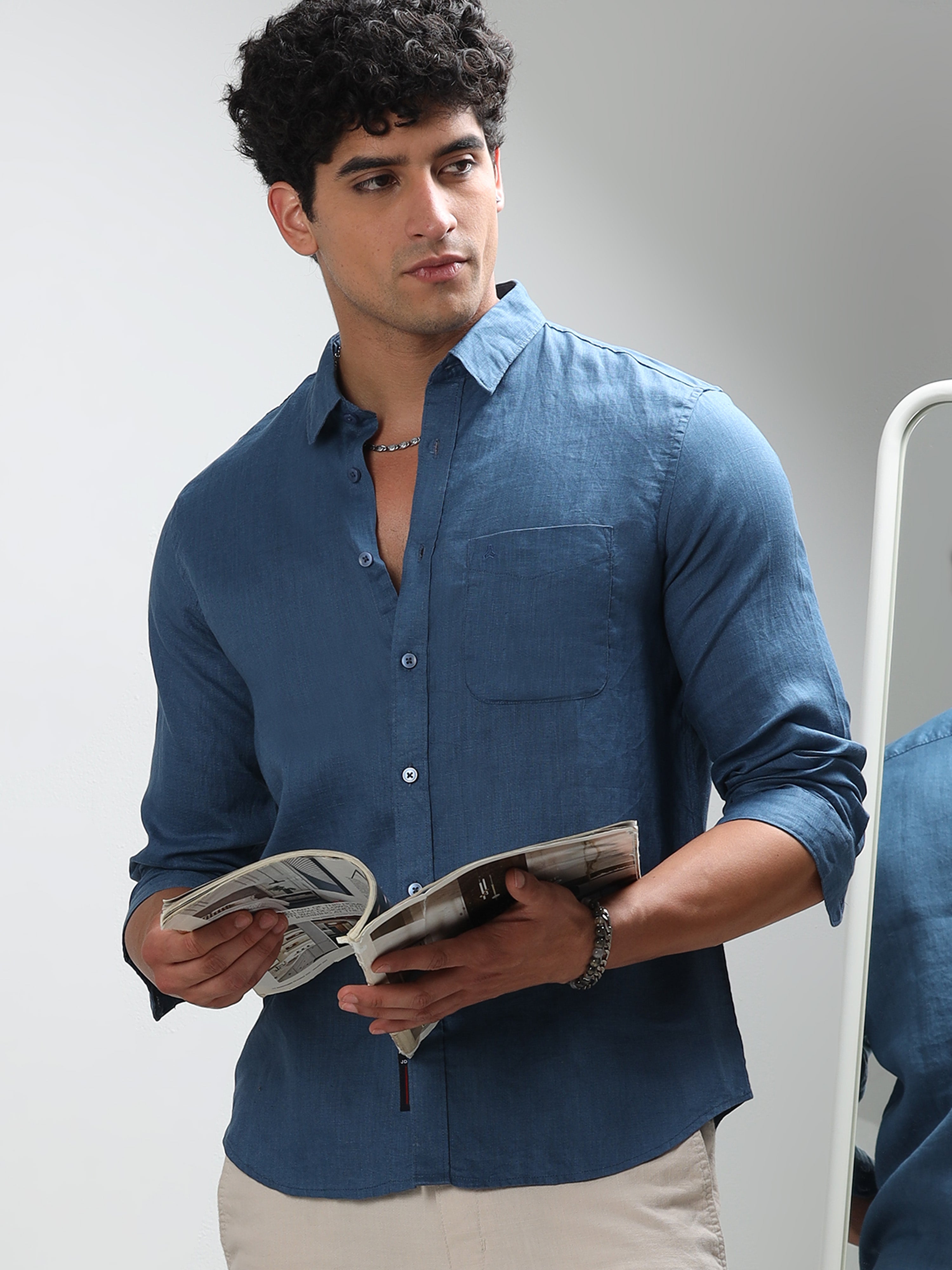 MEN'S BLUE SOLID SLIM FIT LINEN SHIRT