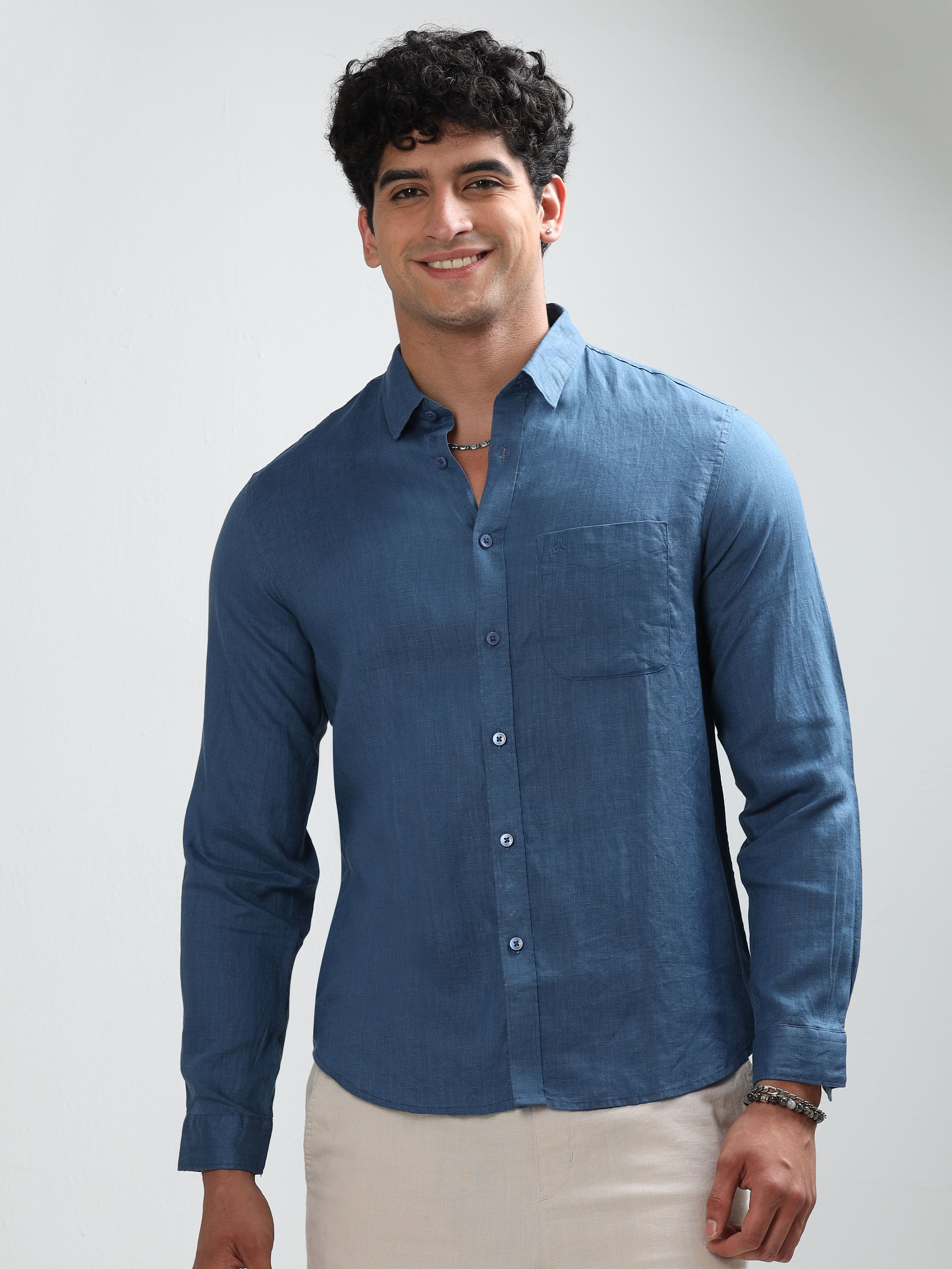 MEN'S BLUE SOLID SLIM FIT LINEN SHIRT