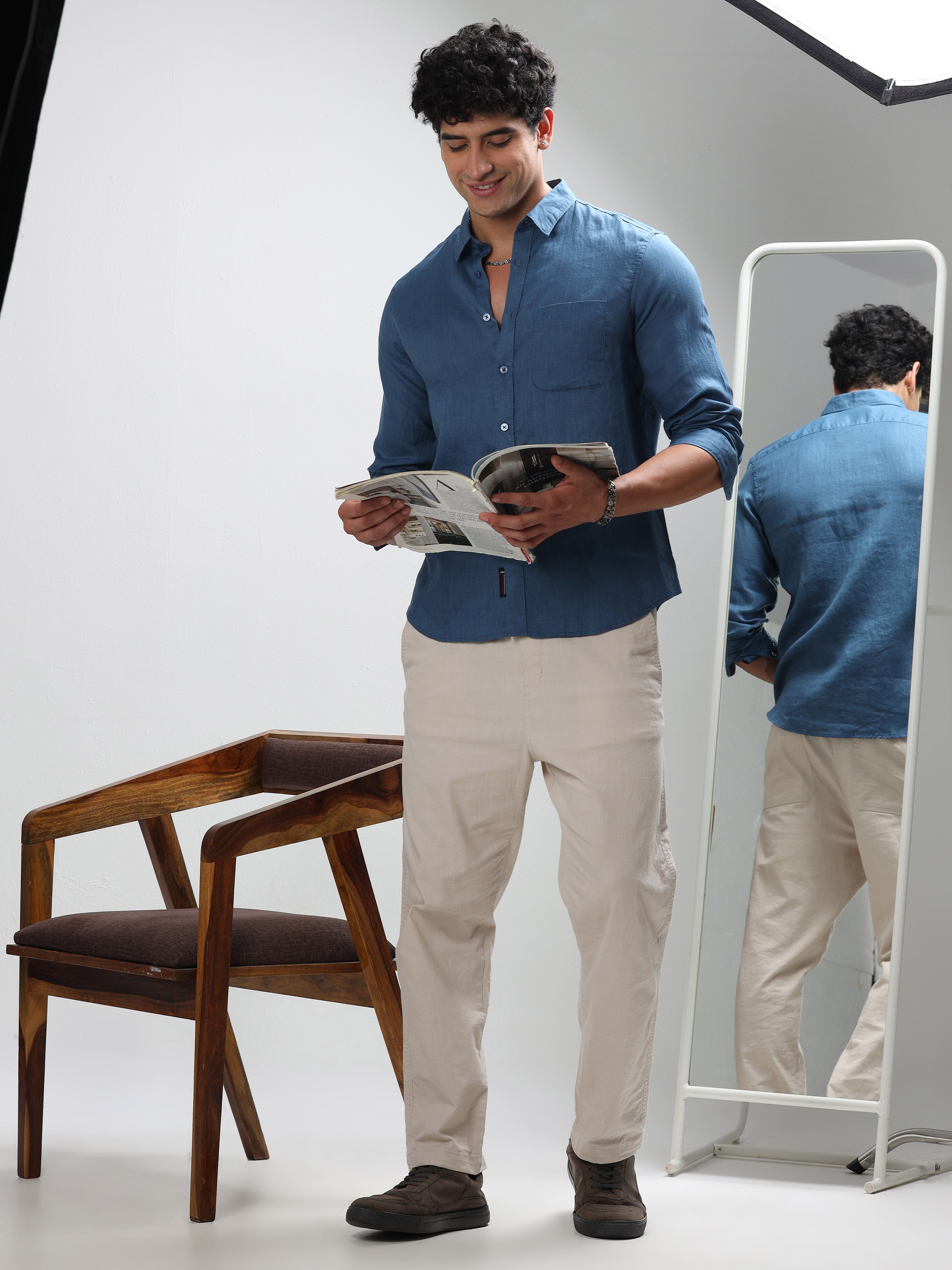 MEN'S BLUE SOLID SLIM FIT LINEN SHIRT