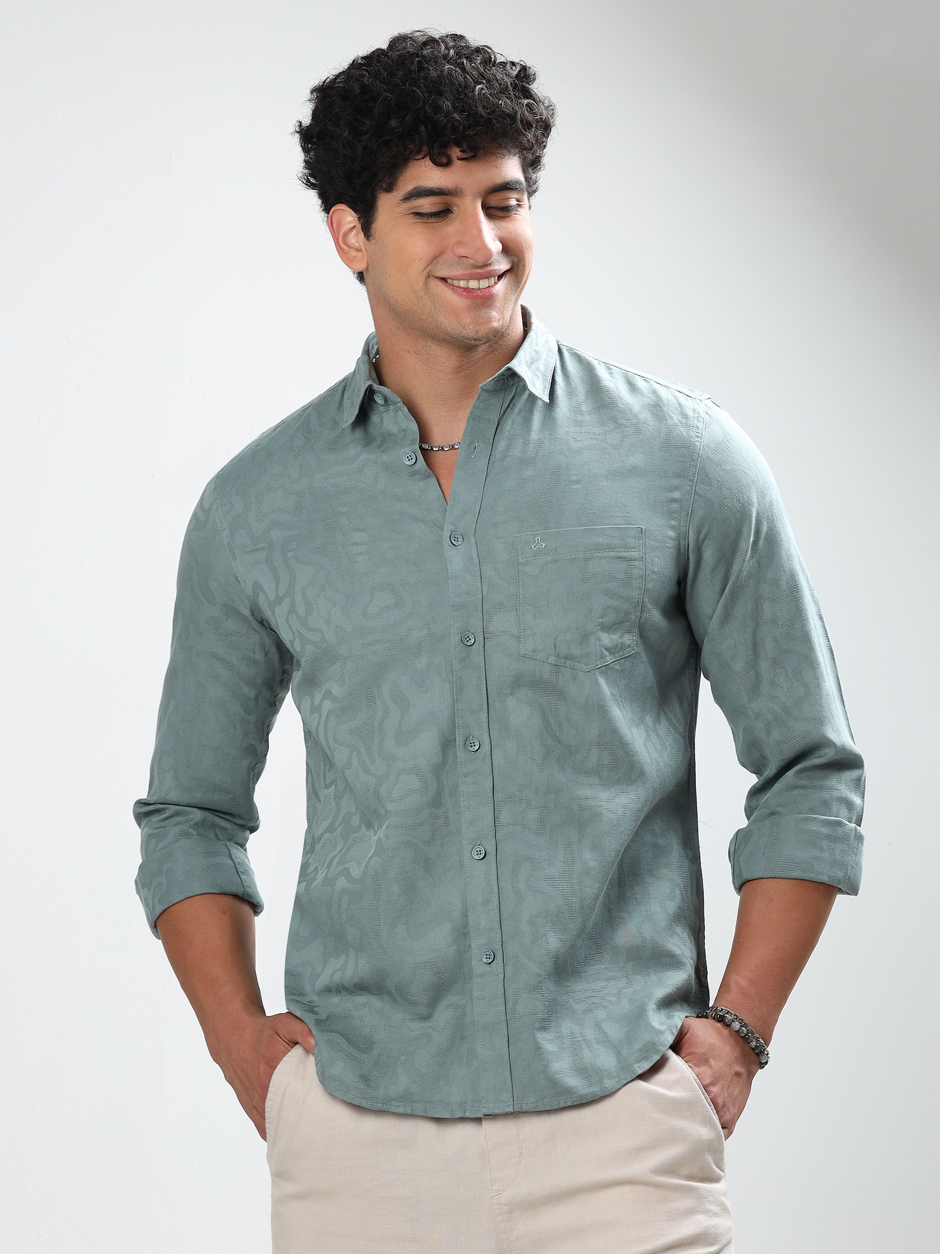 MEN'S CADET BLUE SELF DESIGN SLIM FIT SHIRT