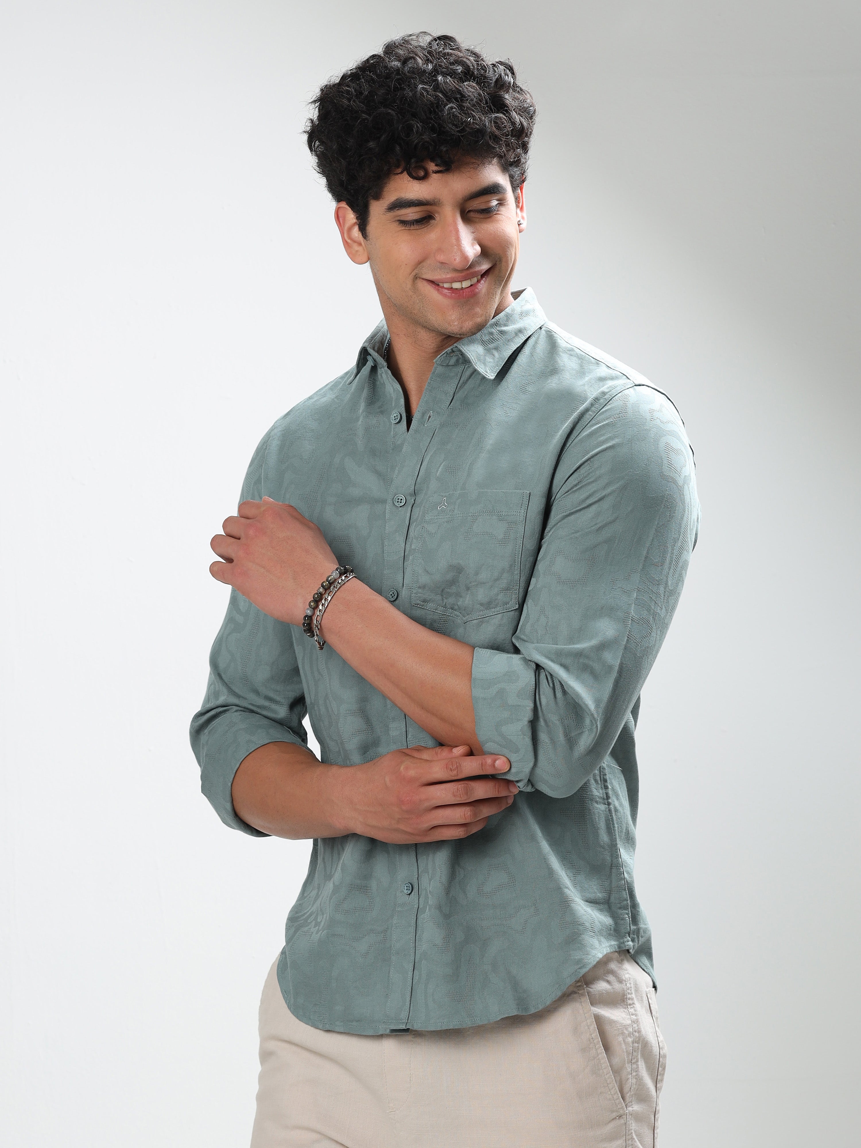 MEN'S CADET BLUE SELF DESIGN SLIM FIT SHIRT