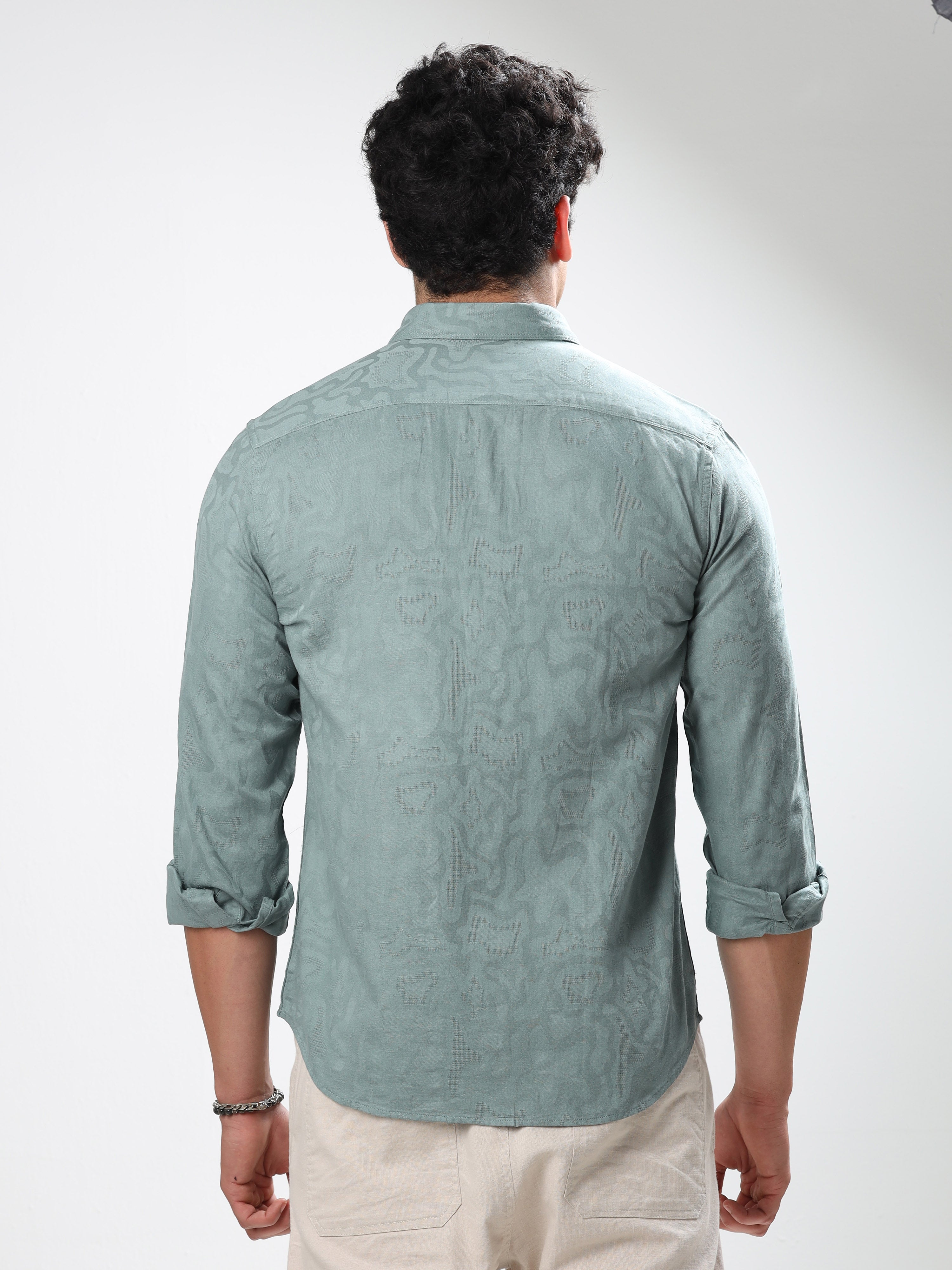 MEN'S CADET BLUE SELF DESIGN SLIM FIT SHIRT