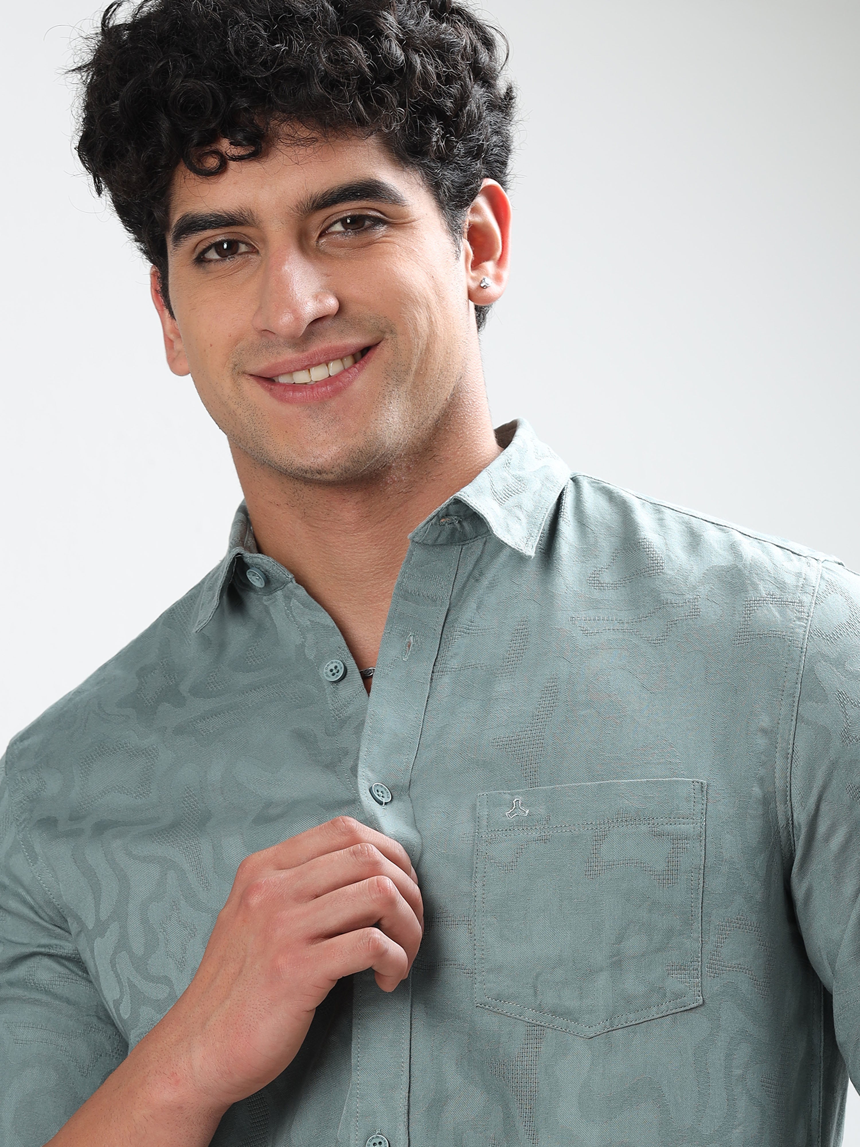 MEN'S CADET BLUE SELF DESIGN SLIM FIT SHIRT