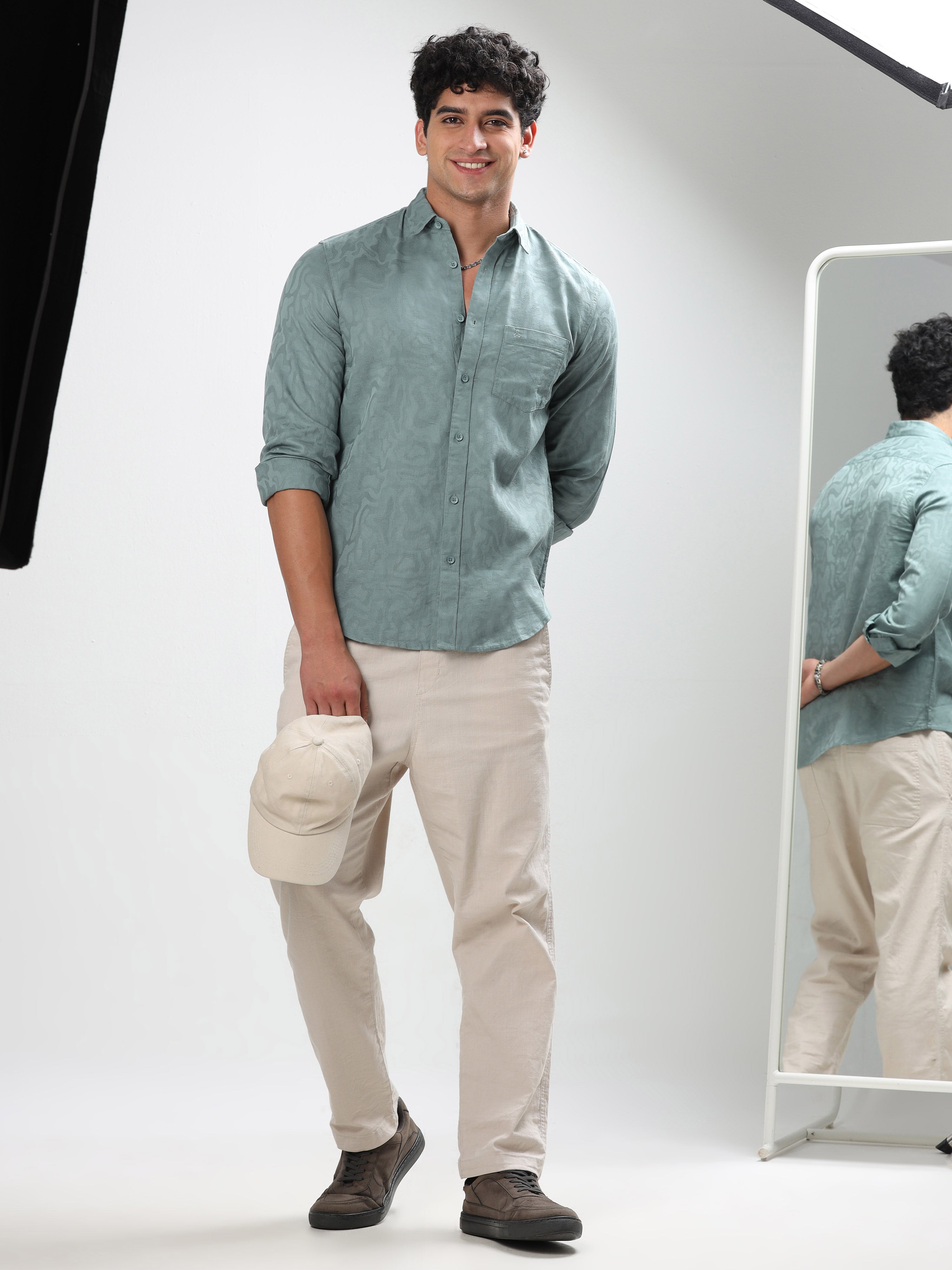 MEN'S CADET BLUE SELF DESIGN SLIM FIT SHIRT