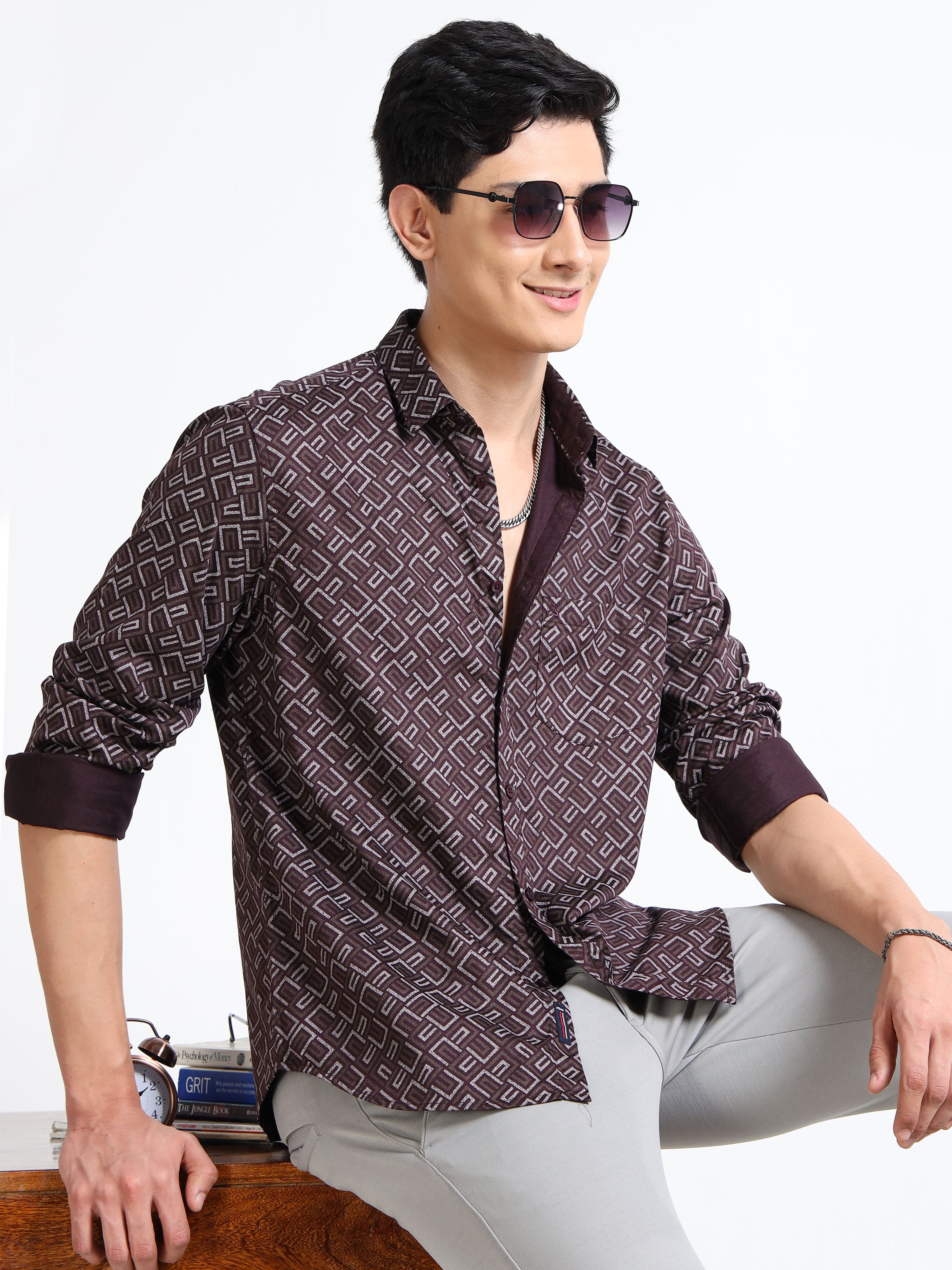 MEN'S BURGUNDY PRINT SLIM FIT SHIRT
