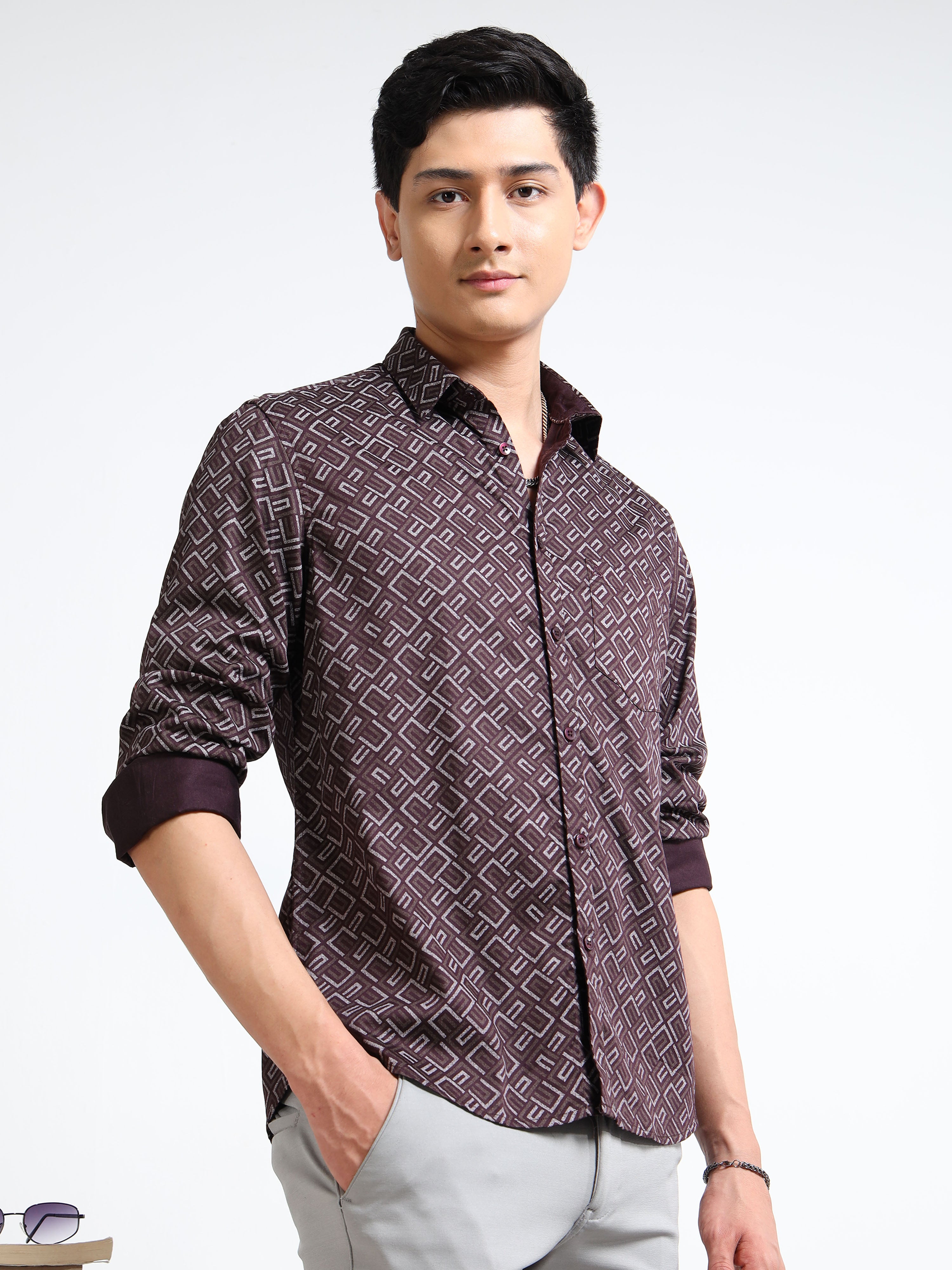 MEN'S BURGUNDY PRINT SLIM FIT SHIRT