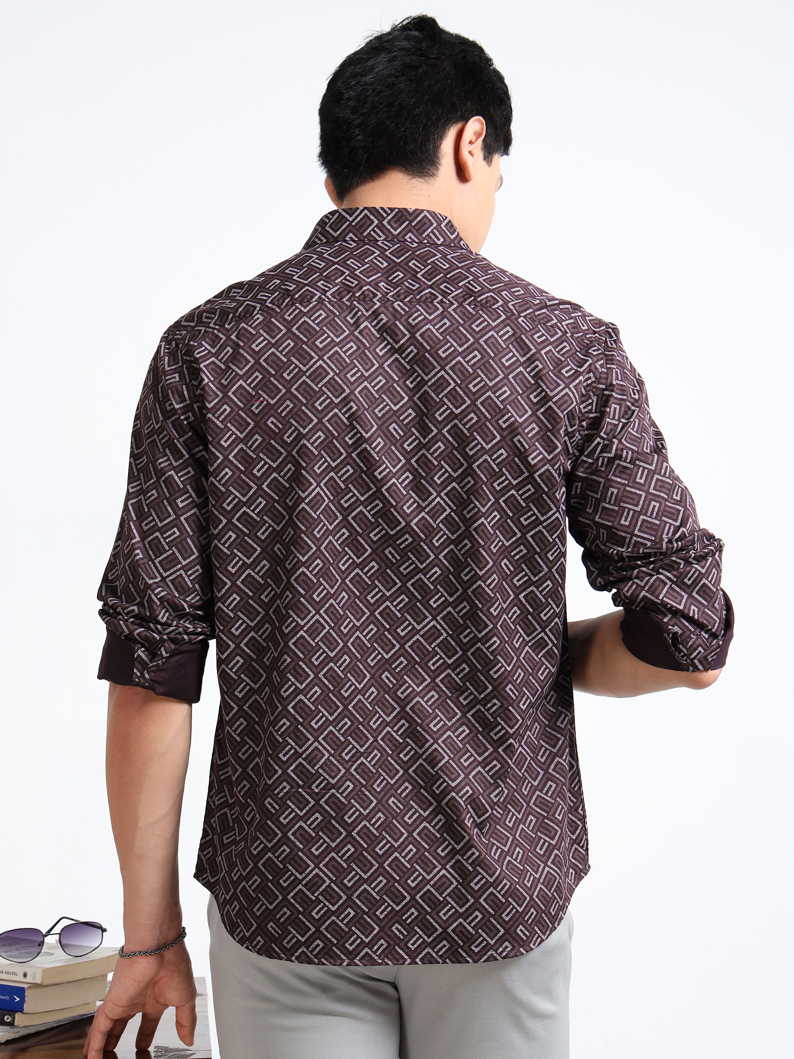 MEN'S BURGUNDY PRINT SLIM FIT SHIRT