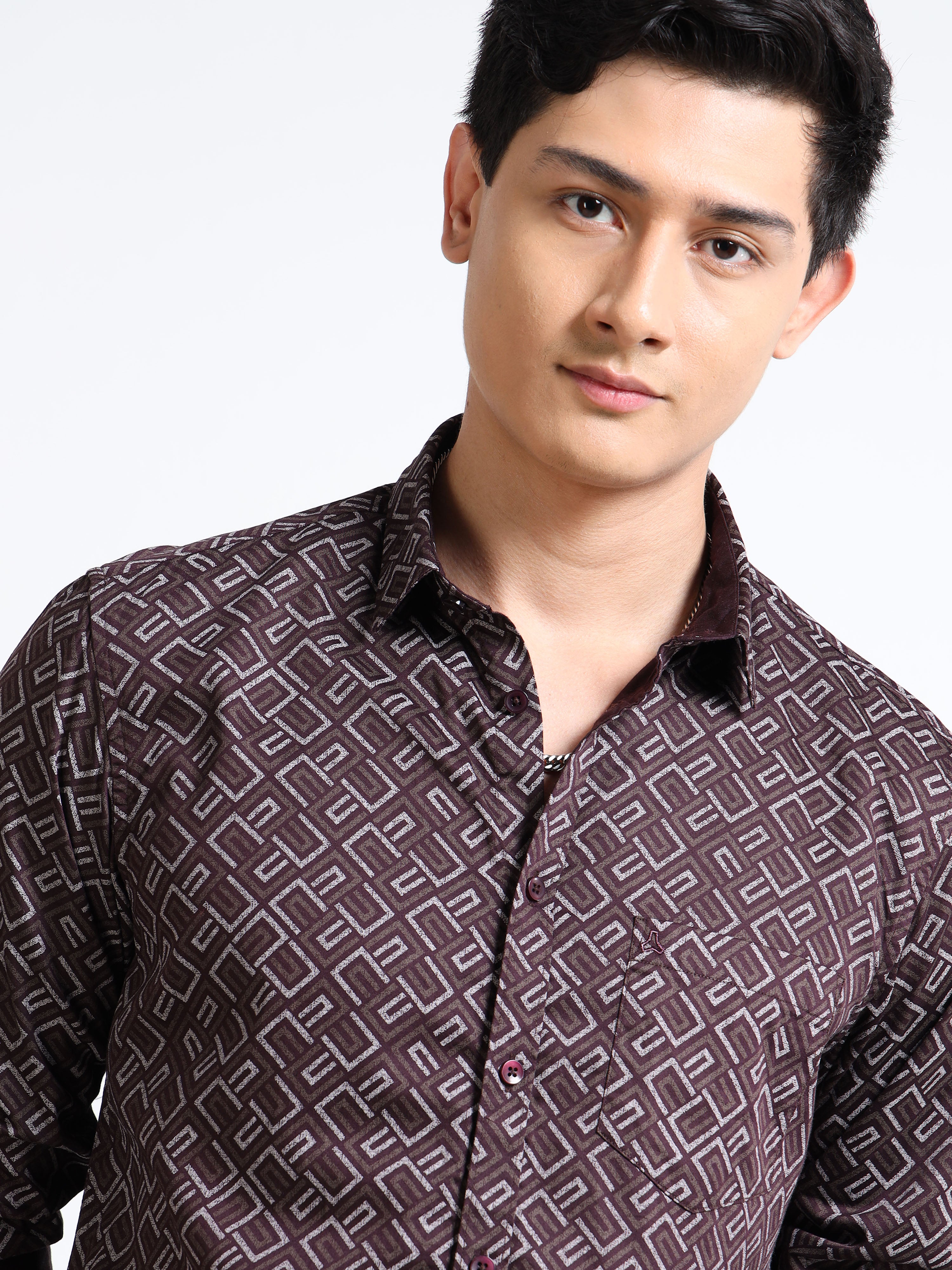 MEN'S BURGUNDY PRINT SLIM FIT SHIRT