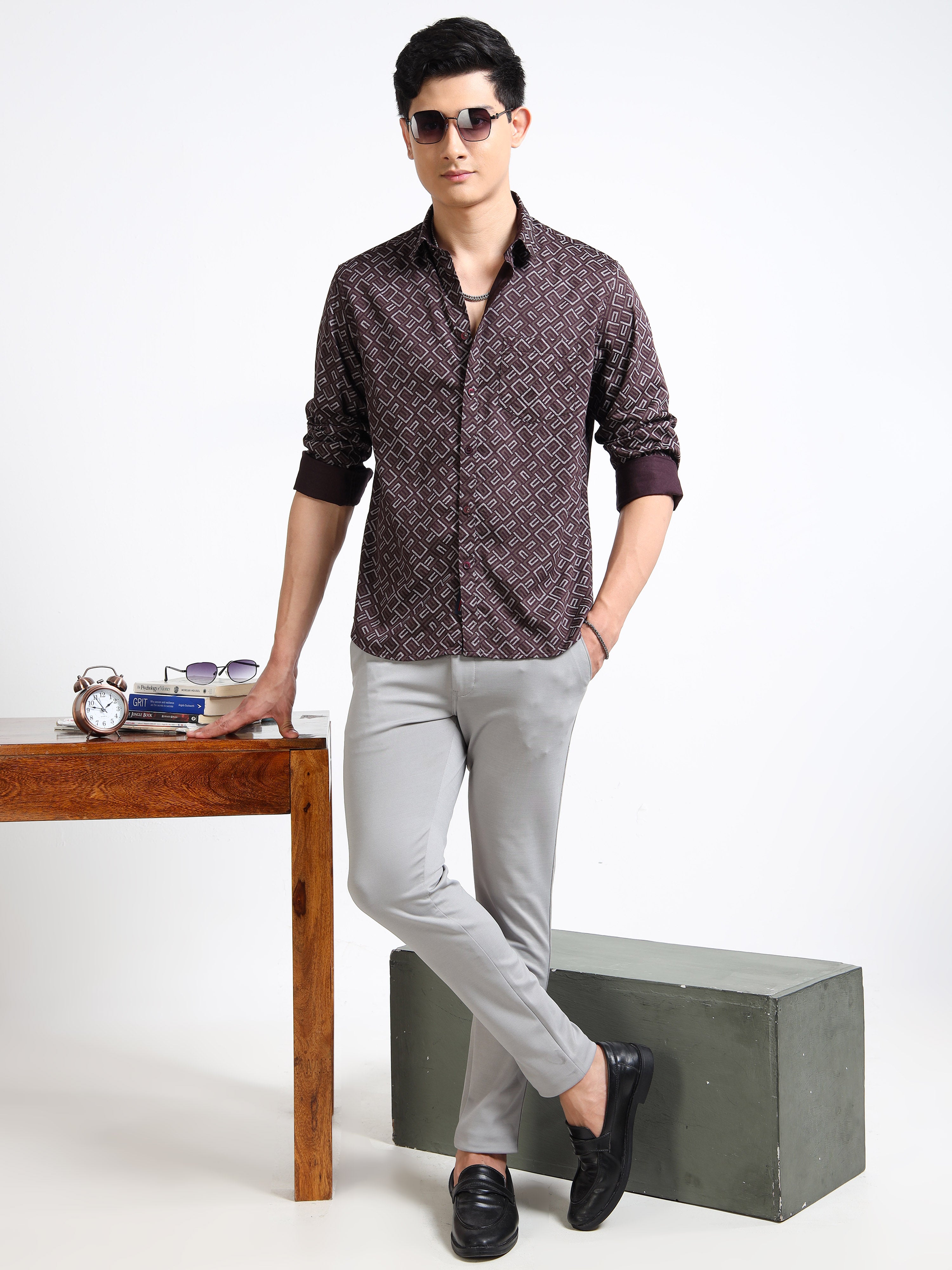 MEN'S BURGUNDY PRINT SLIM FIT SHIRT