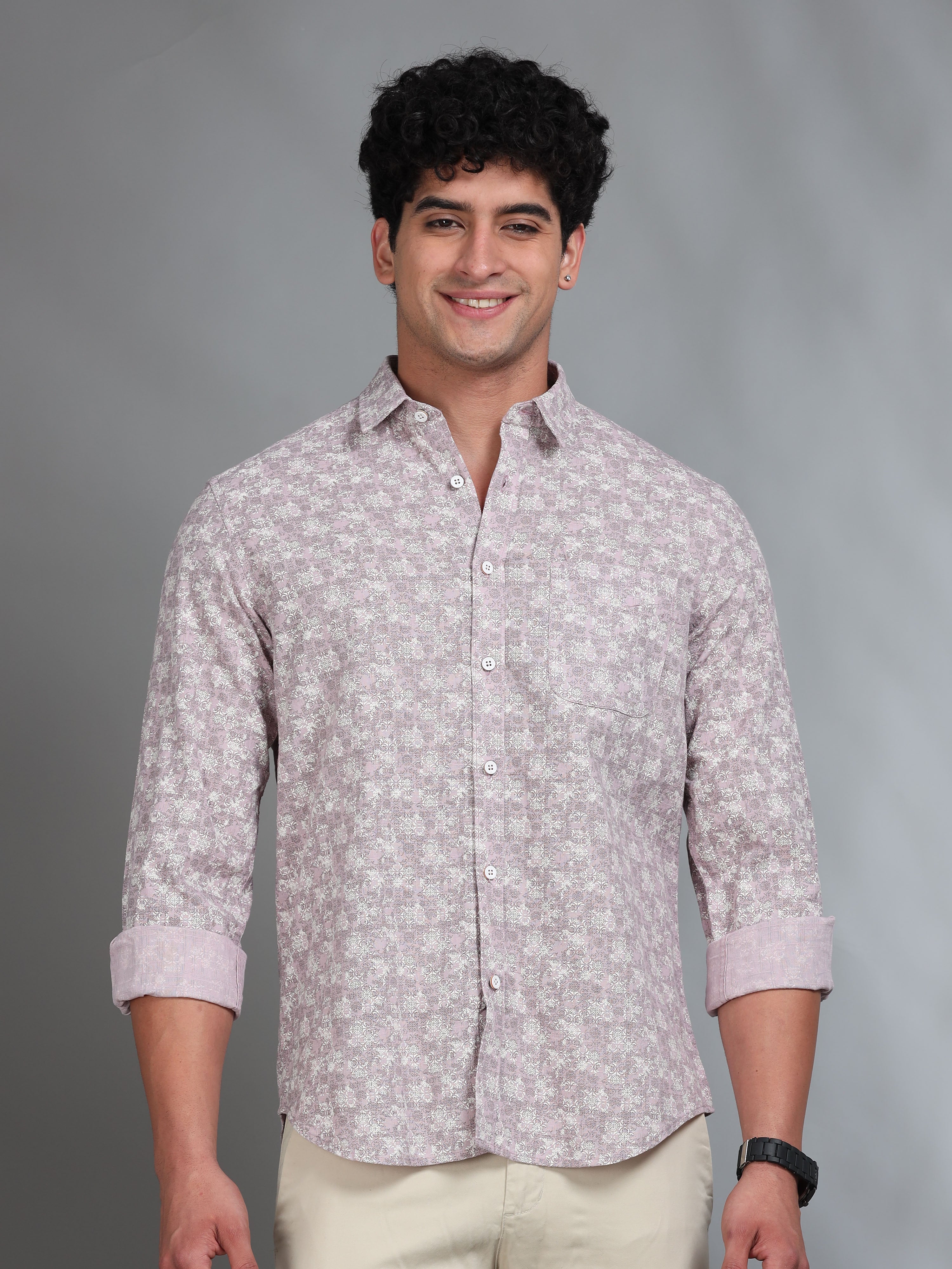 MEN'S PINK PRINT SLIM FIT SHIRT