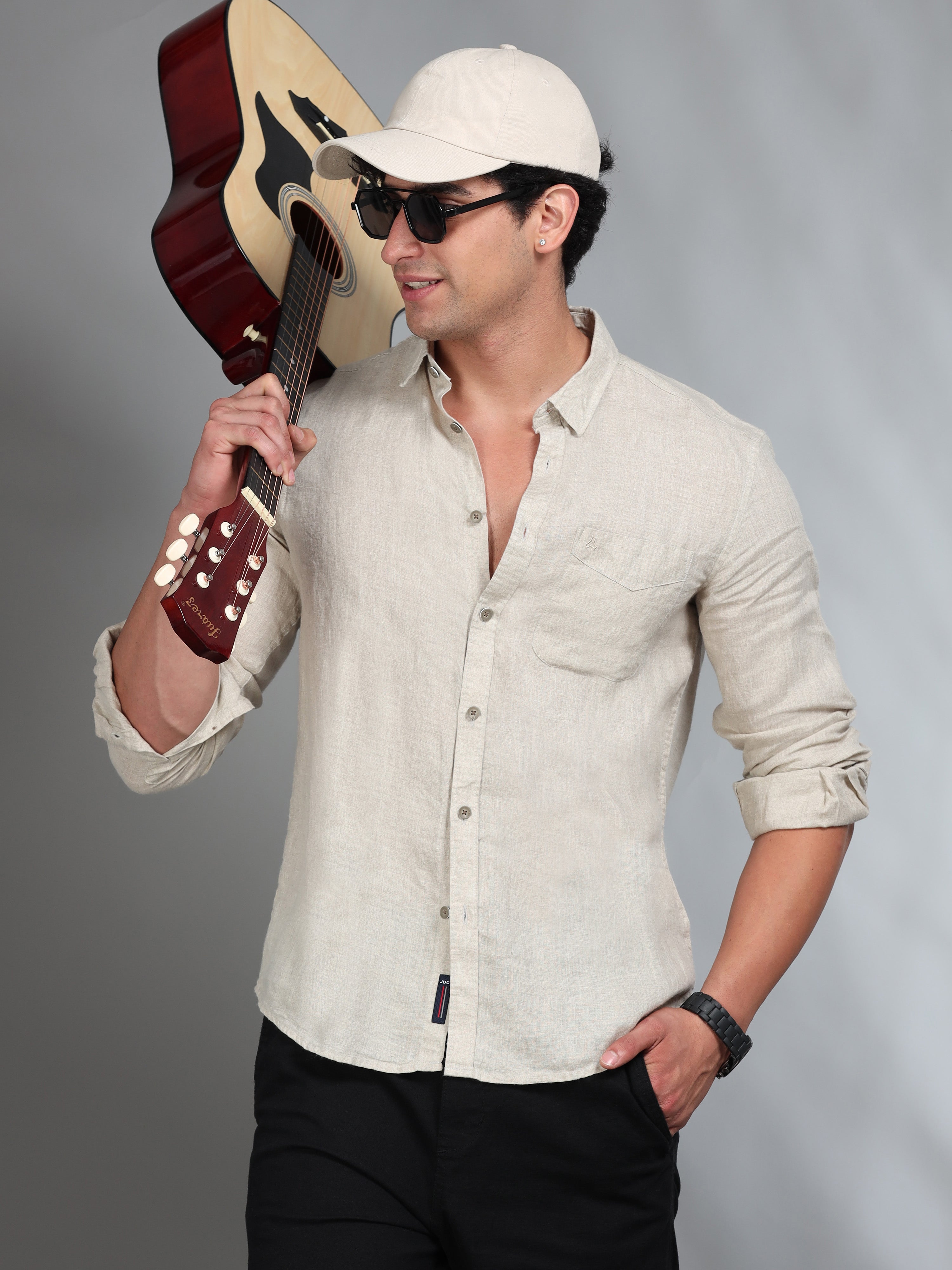 MEN'S D.NATURAL SOLID SLIM FIT LINEN  SHIRT