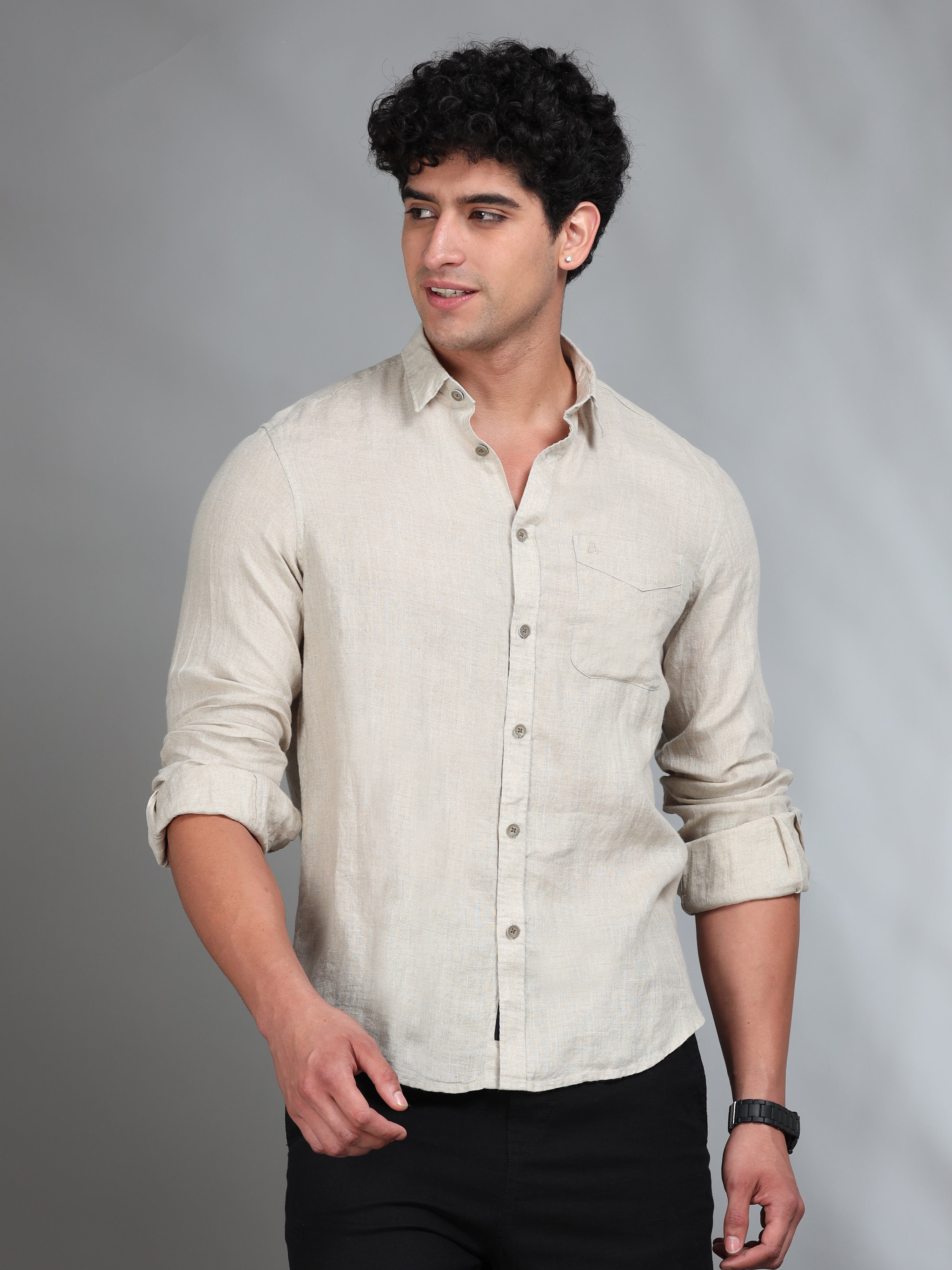 MEN'S D.NATURAL SOLID SLIM FIT LINEN  SHIRT