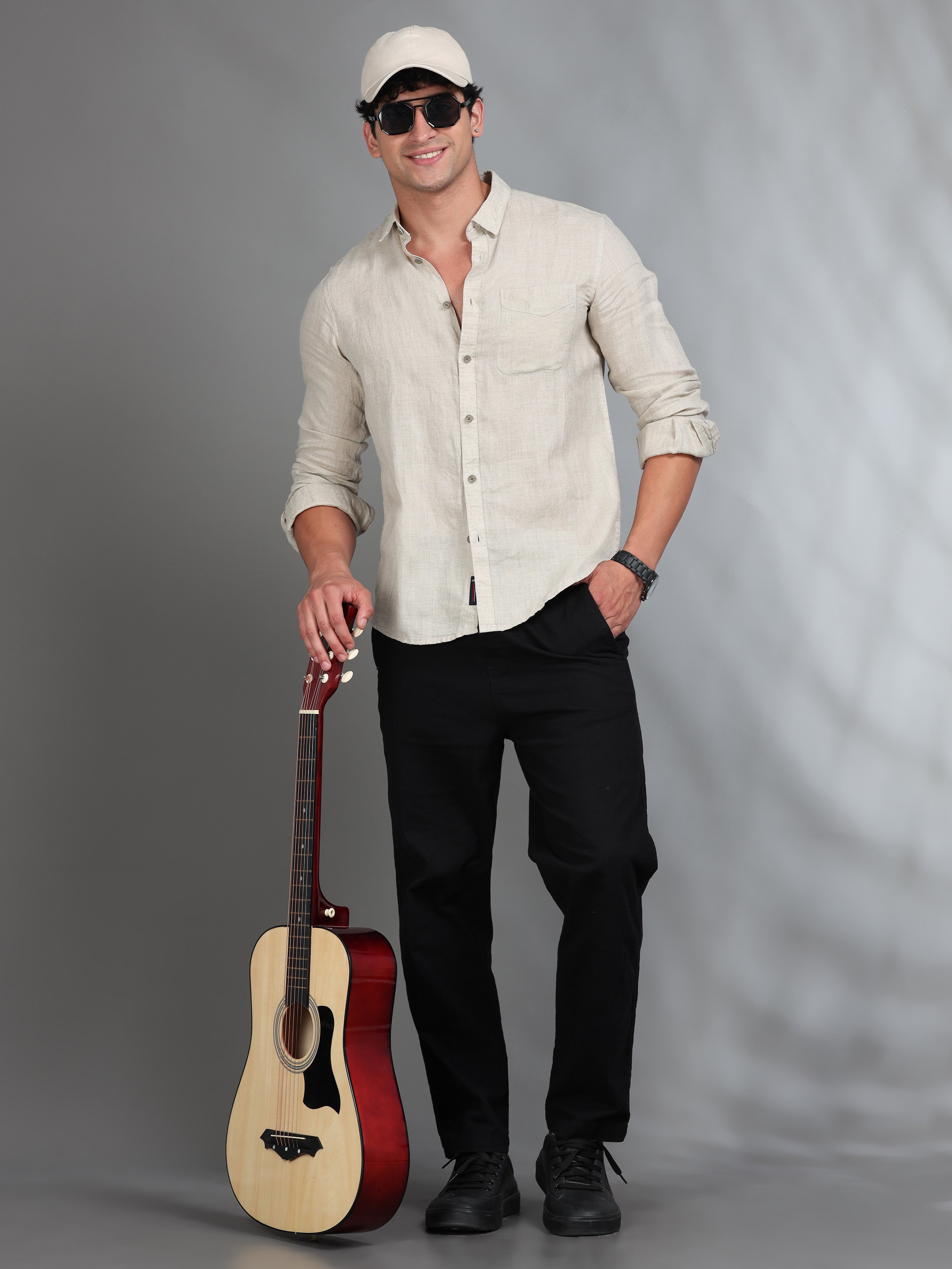 MEN'S D.NATURAL SOLID SLIM FIT LINEN  SHIRT