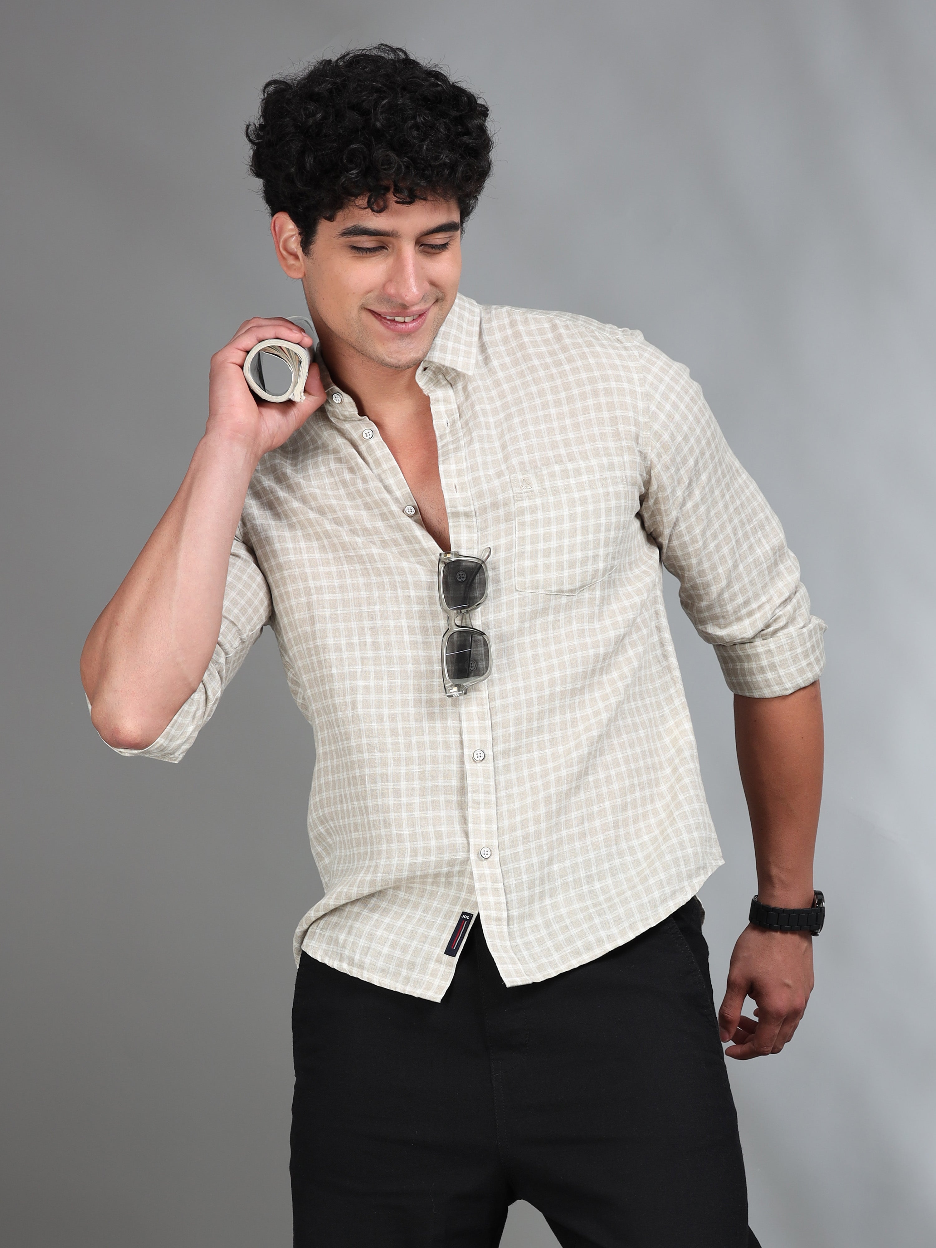 MEN'S BEIGE CHECKS SLIM FIT LINEN SHIRT
