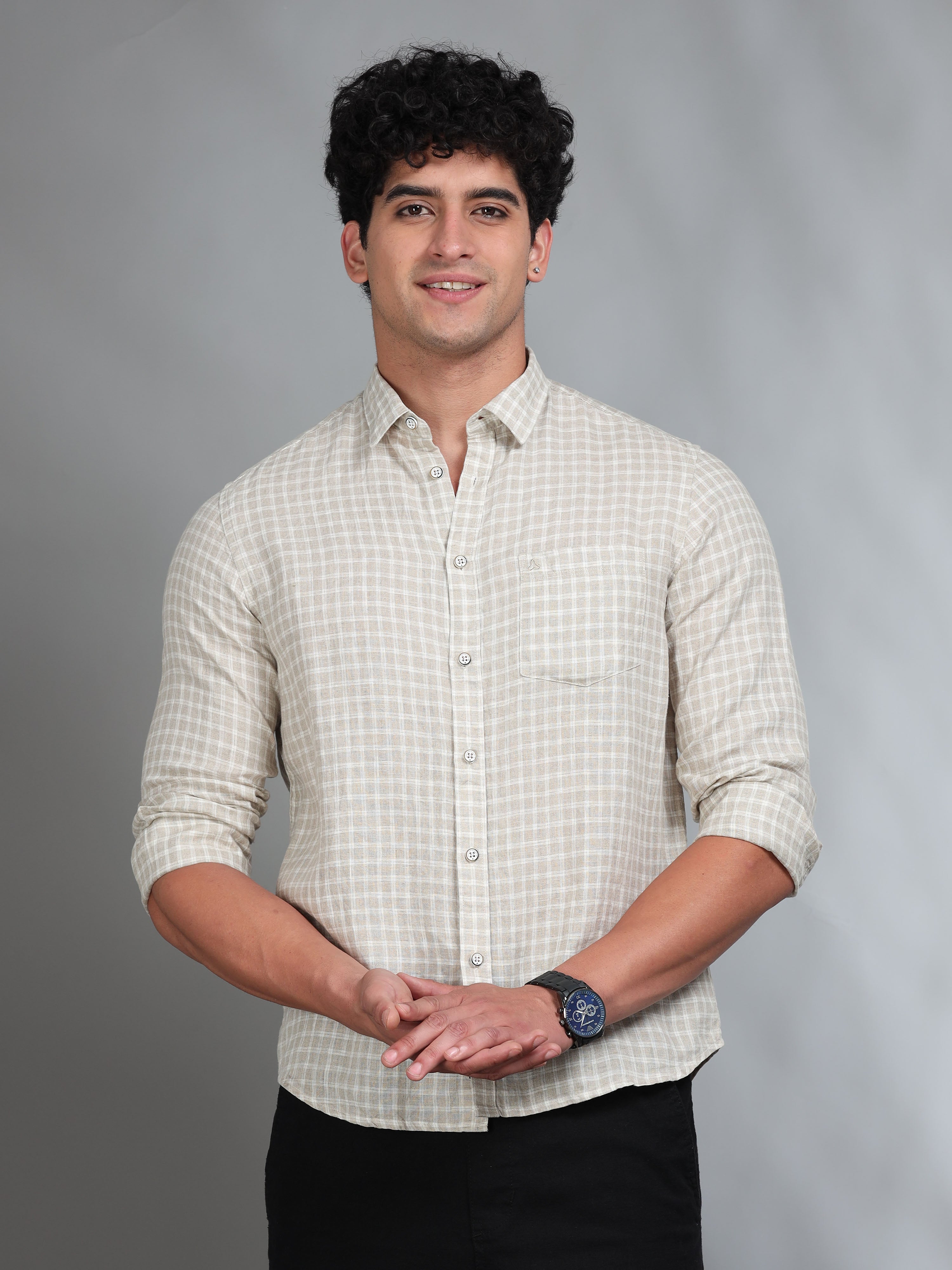 MEN'S BEIGE CHECKS SLIM FIT LINEN SHIRT