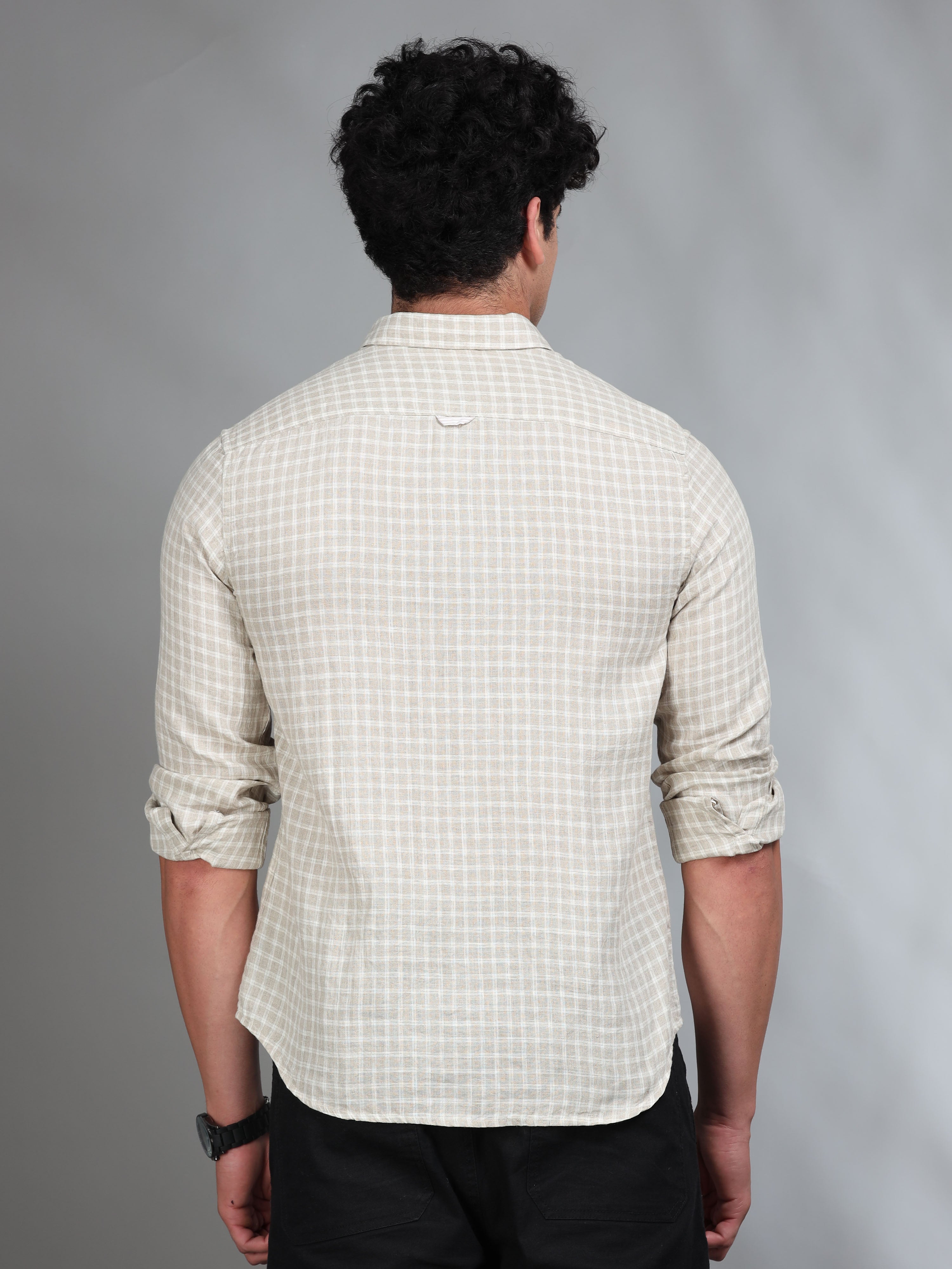 MEN'S BEIGE CHECKS SLIM FIT LINEN SHIRT