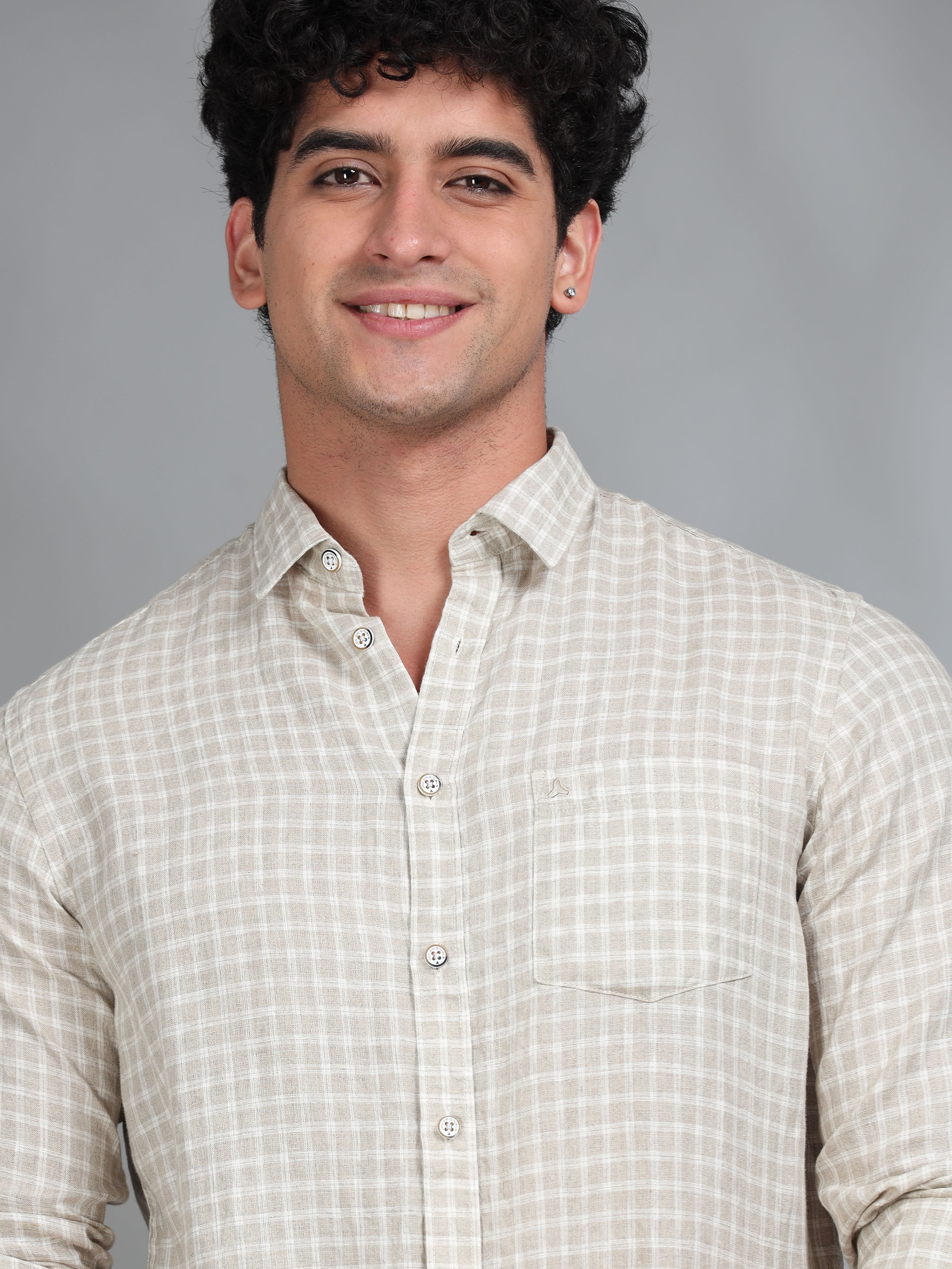 MEN'S BEIGE CHECKS SLIM FIT LINEN SHIRT