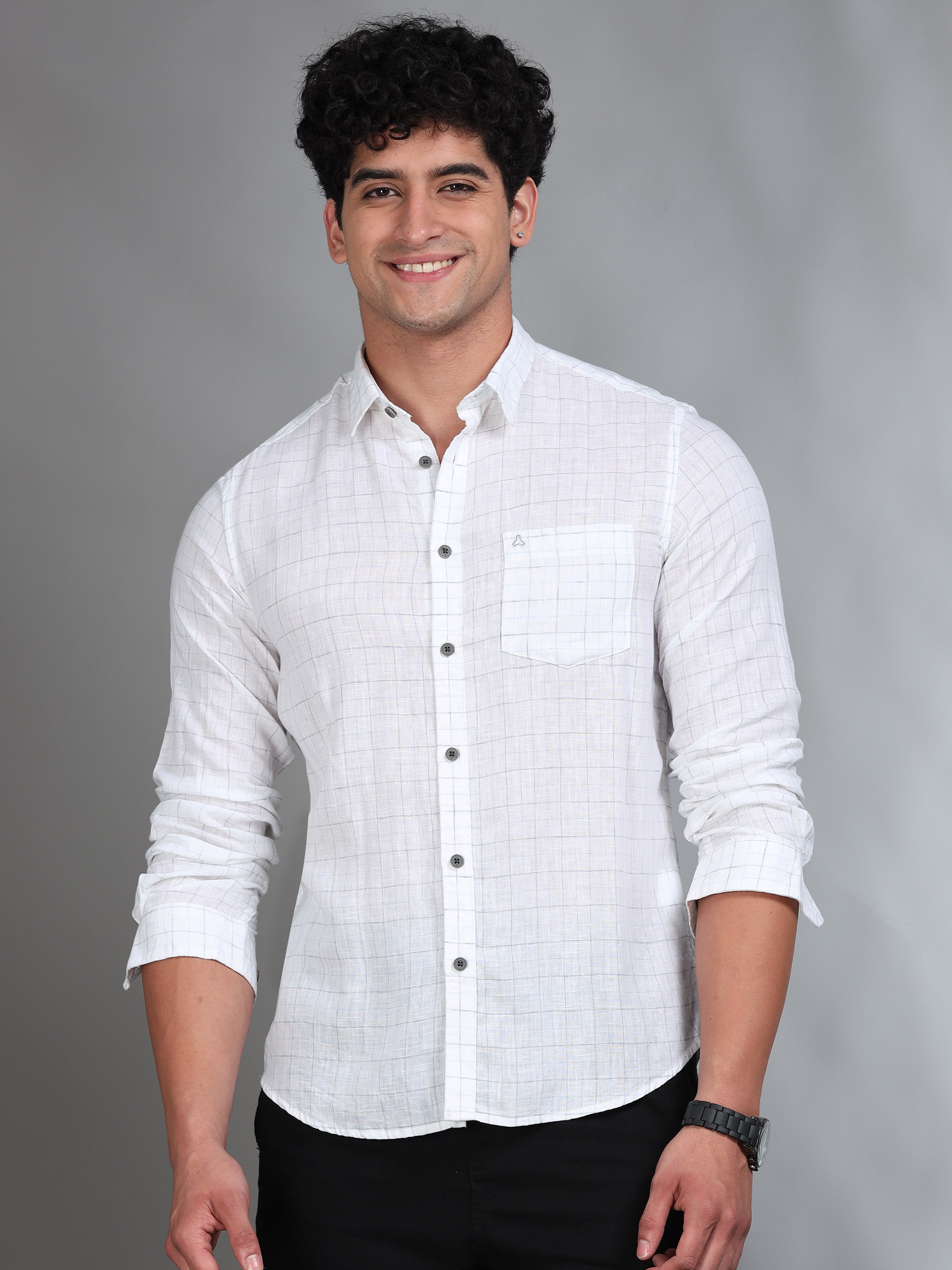 MEN'S BLUE CHECKS SLIM FIT  LINEN  SHIRT