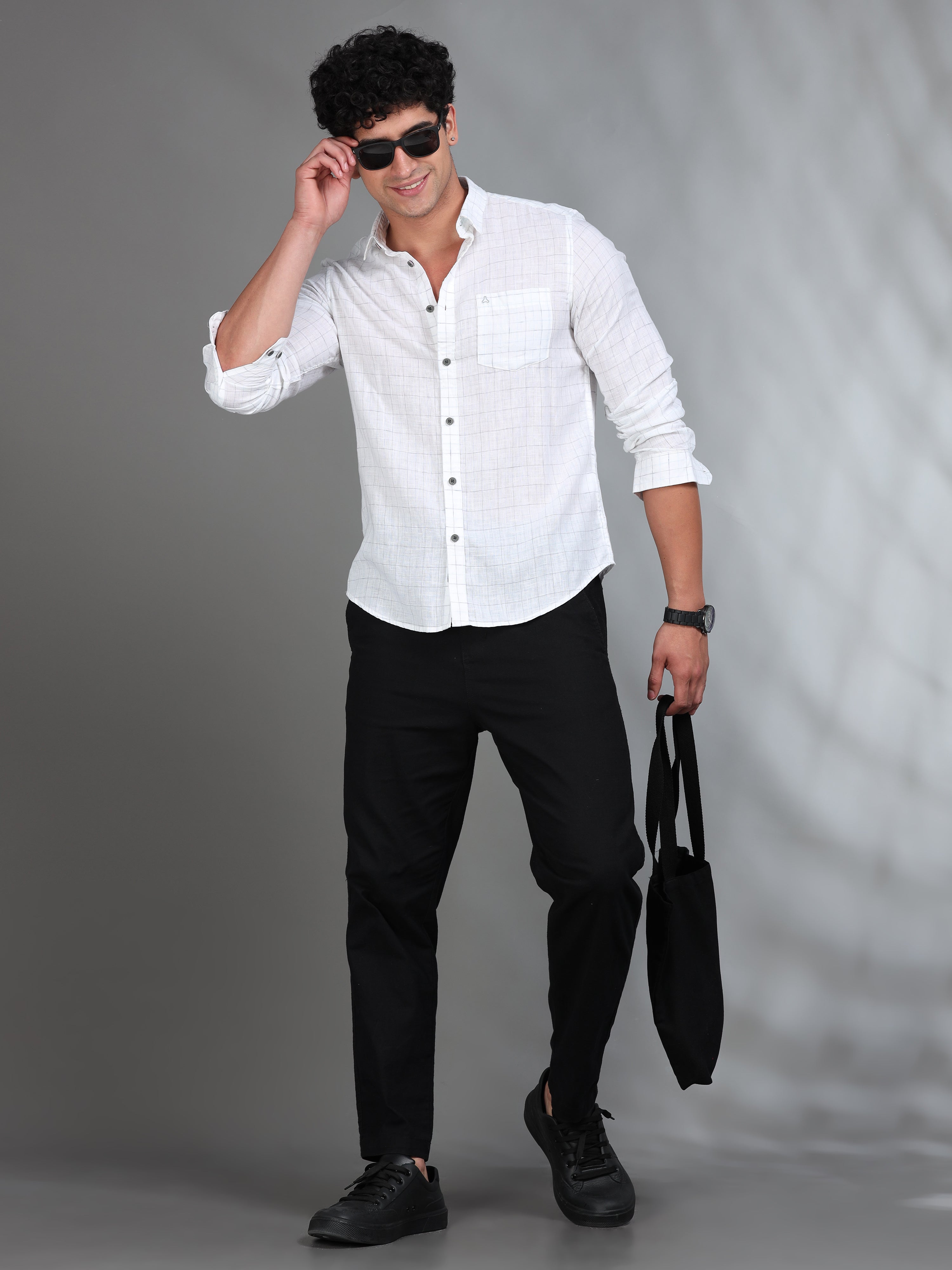 MEN'S BLUE CHECKS SLIM FIT  LINEN  SHIRT