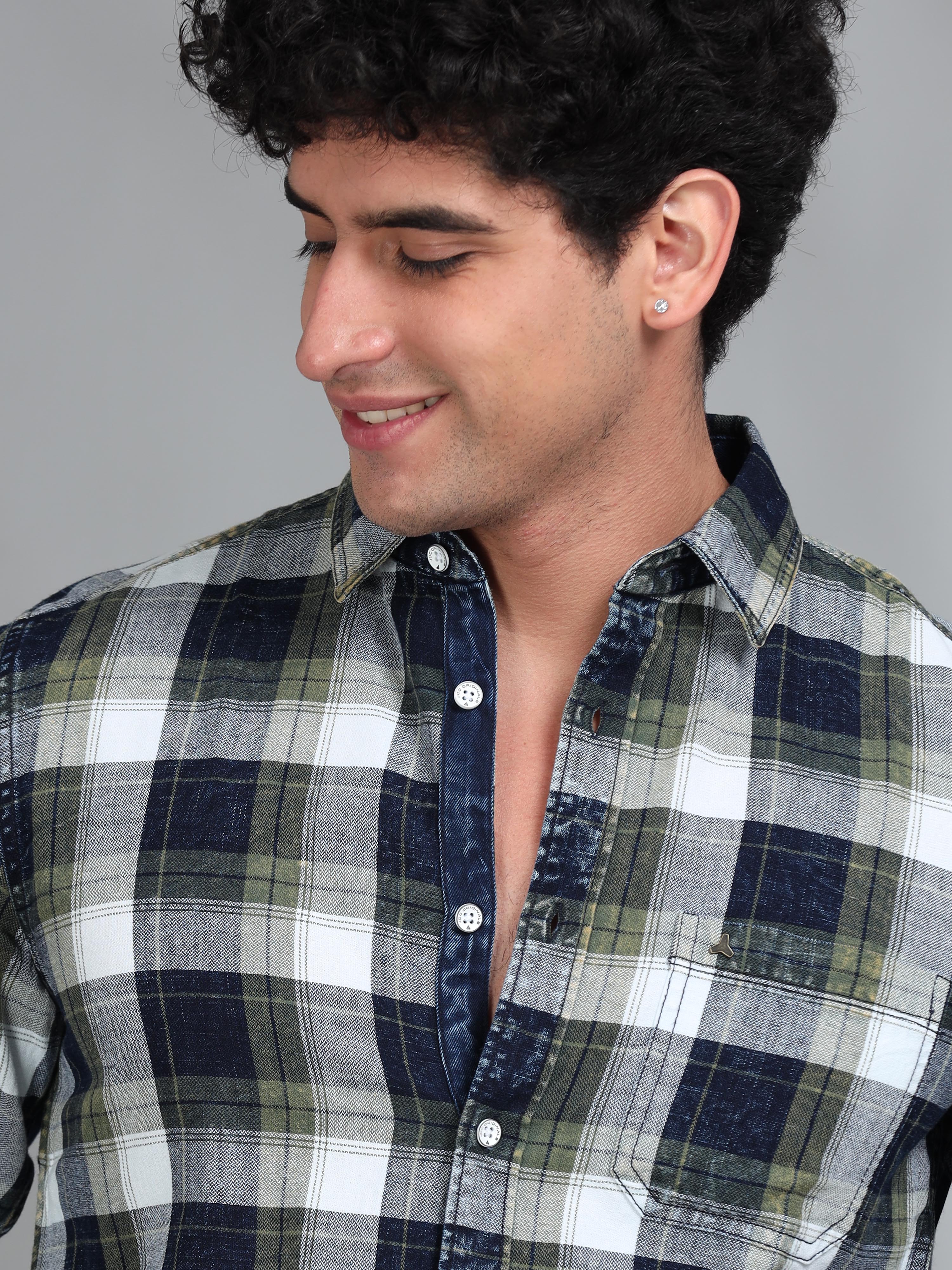 MEN'S GREEN INDIGO CHECKS SLIM FIT SHIRT