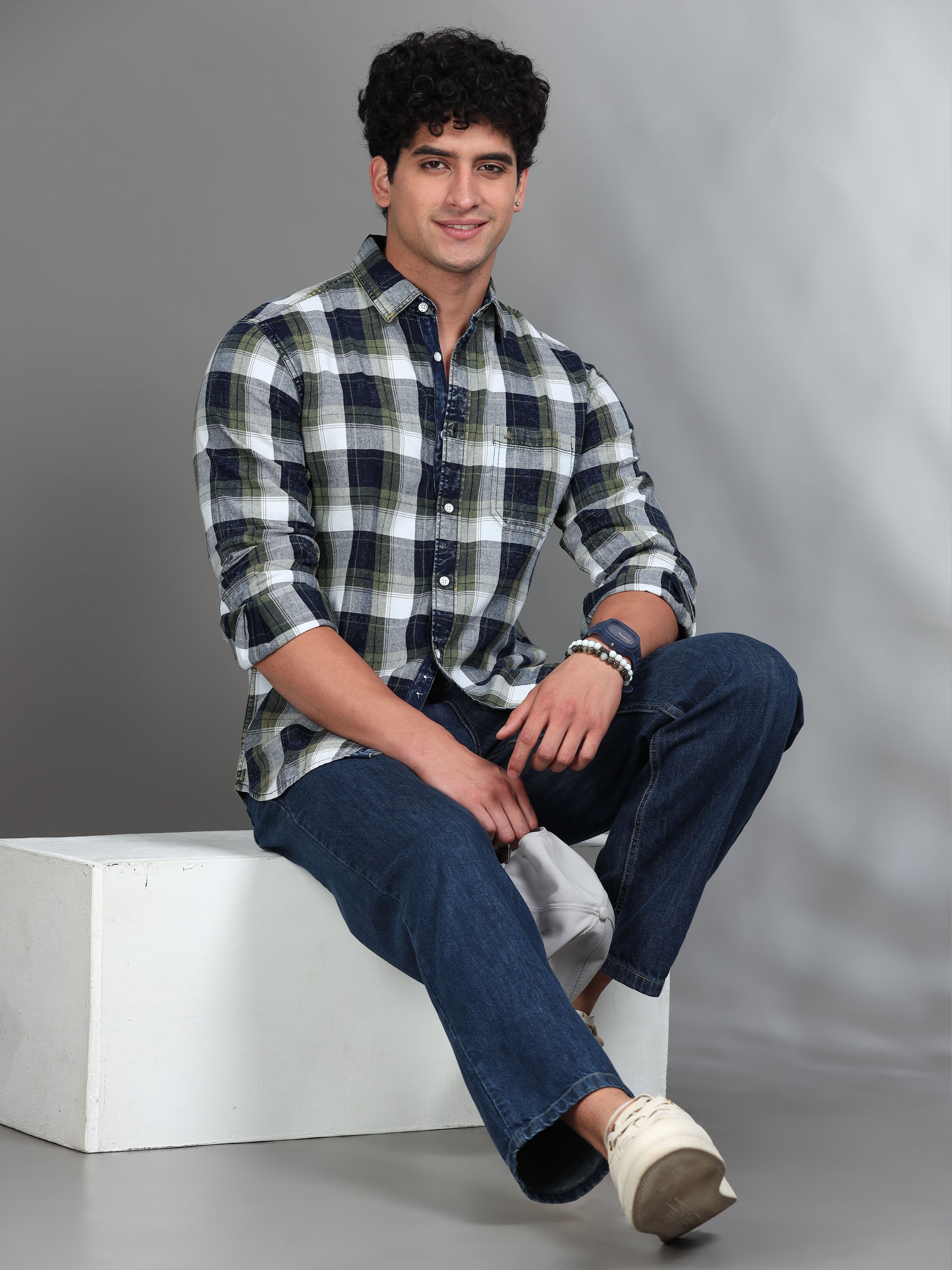 MEN'S GREEN INDIGO CHECKS SLIM FIT SHIRT