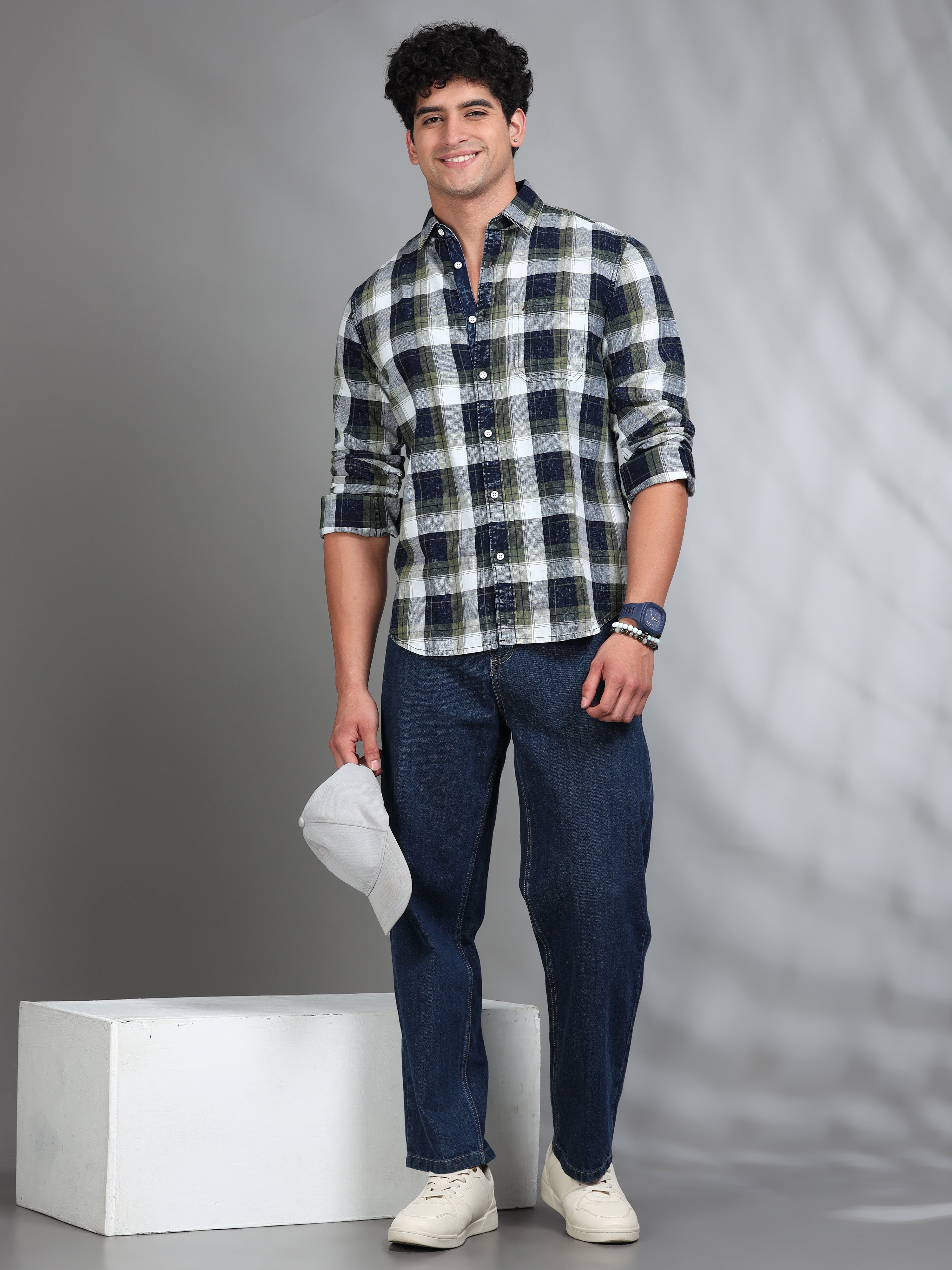 MEN'S GREEN INDIGO CHECKS SLIM FIT SHIRT