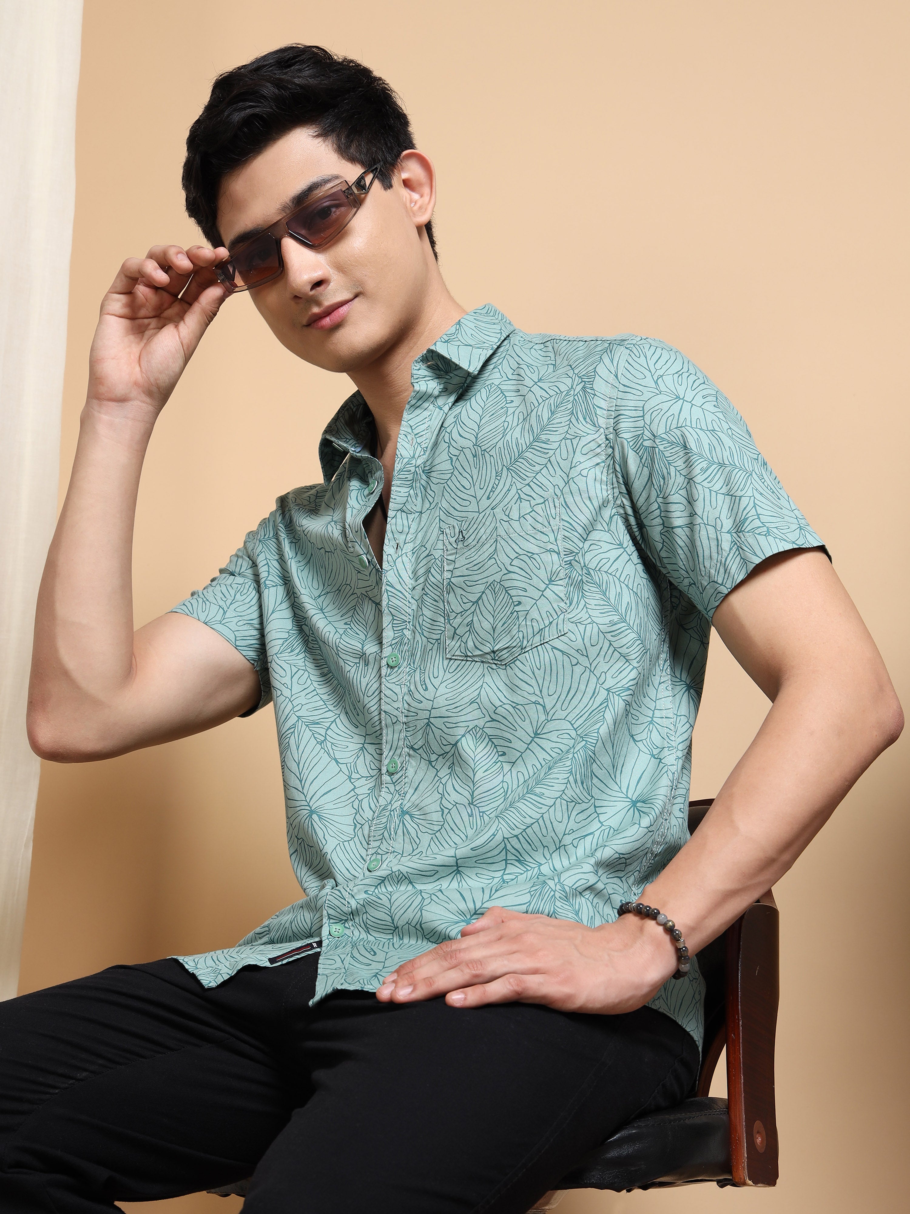 MEN'S GREEN PRINT SLIM FIT SHIRT