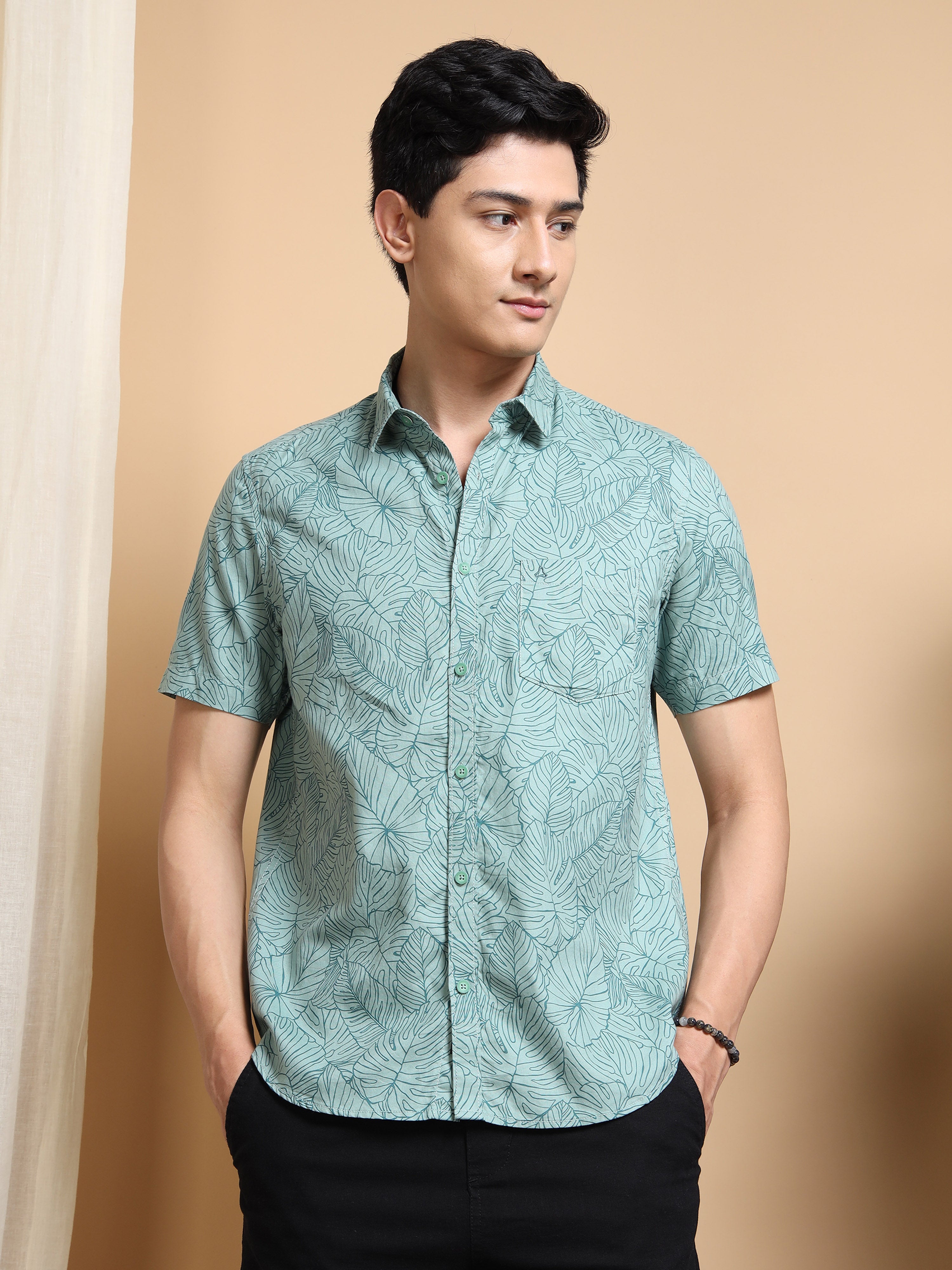 MEN'S GREEN PRINT SLIM FIT SHIRT