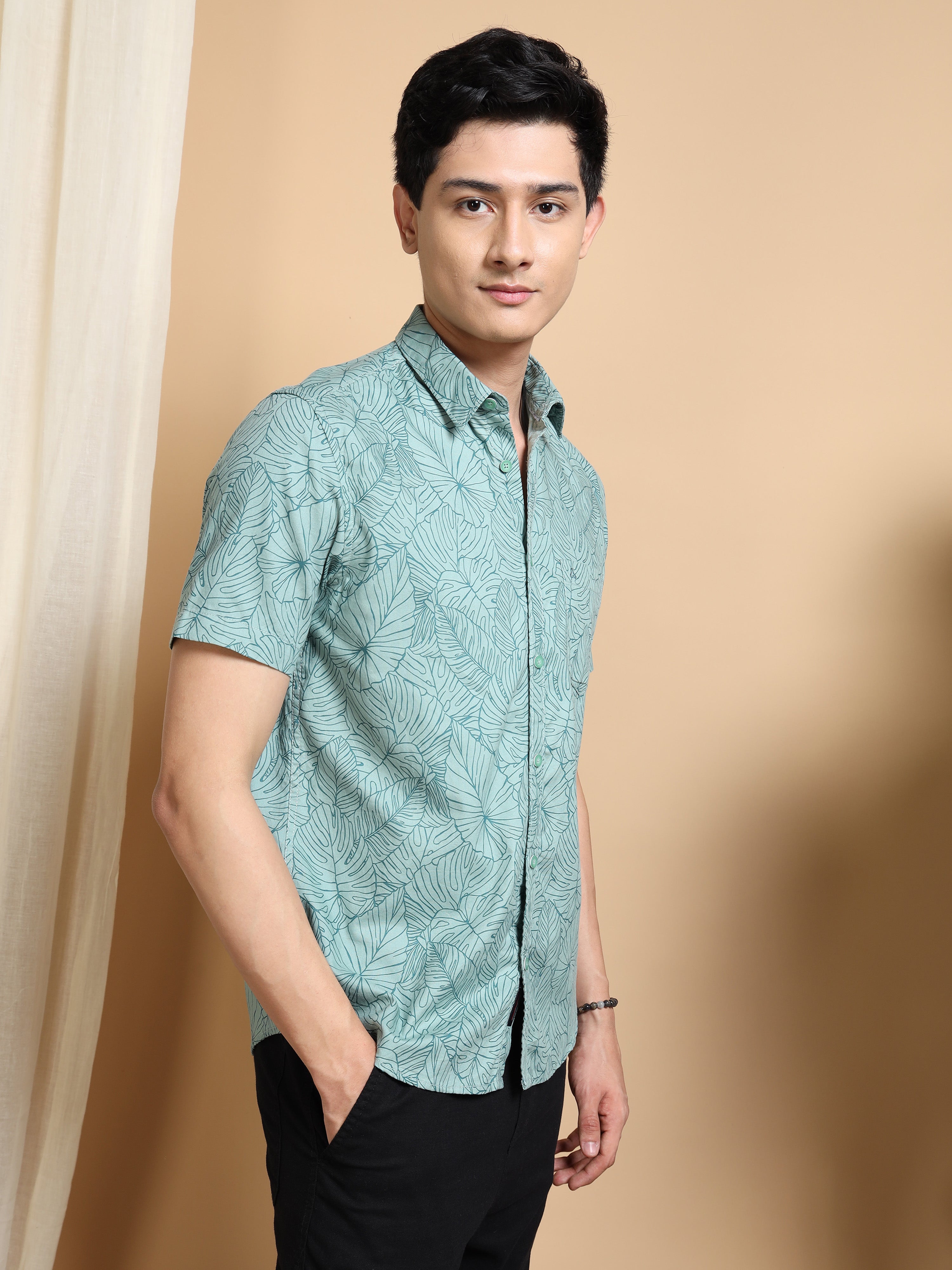 MEN'S GREEN PRINT SLIM FIT SHIRT
