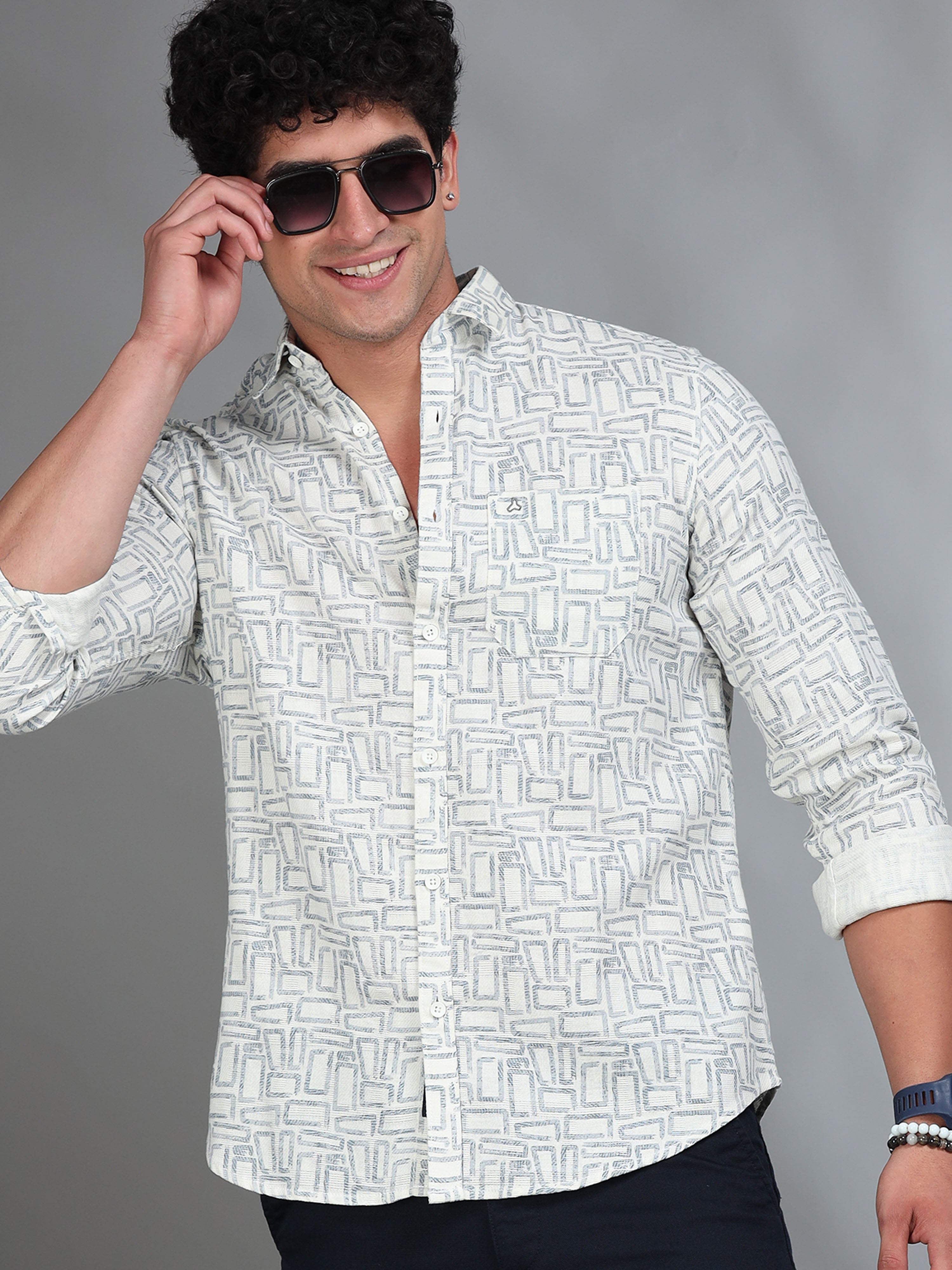 MEN'S GREENISH GREY PRINT SLIM FIT SHIRT