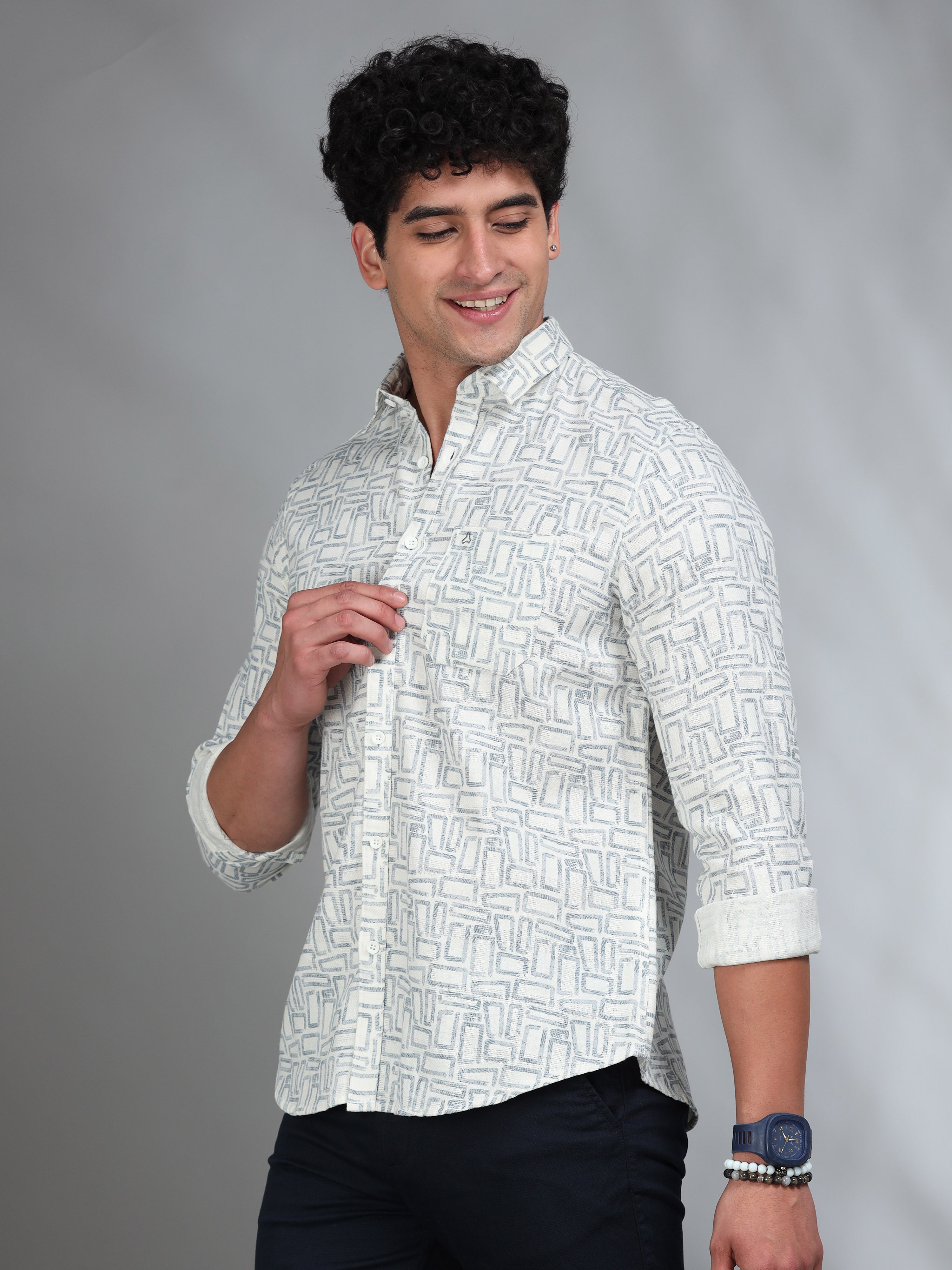 MEN'S GREENISH GREY PRINT SLIM FIT SHIRT