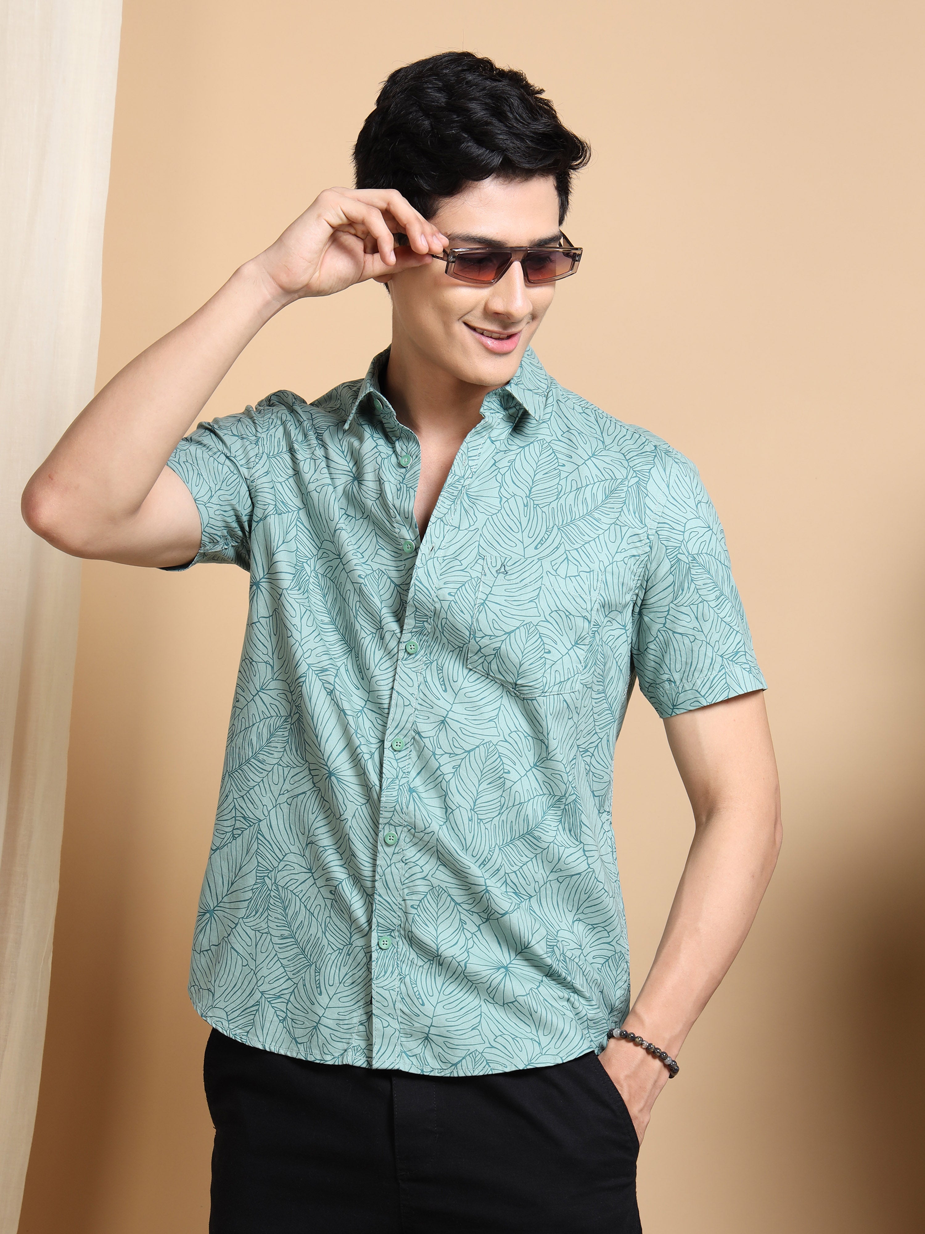 MEN'S GREEN PRINT SLIM FIT SHIRT