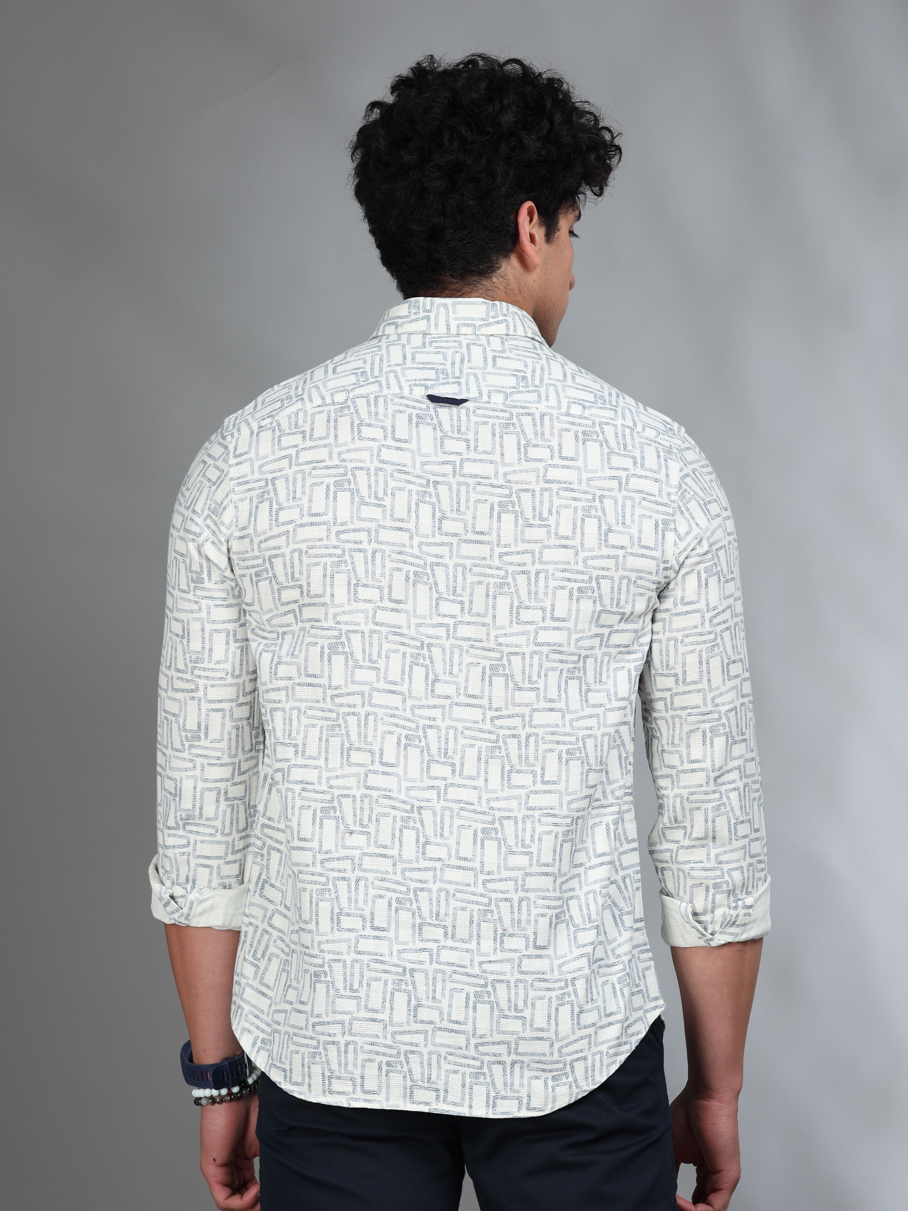 MEN'S GREENISH GREY PRINT SLIM FIT SHIRT