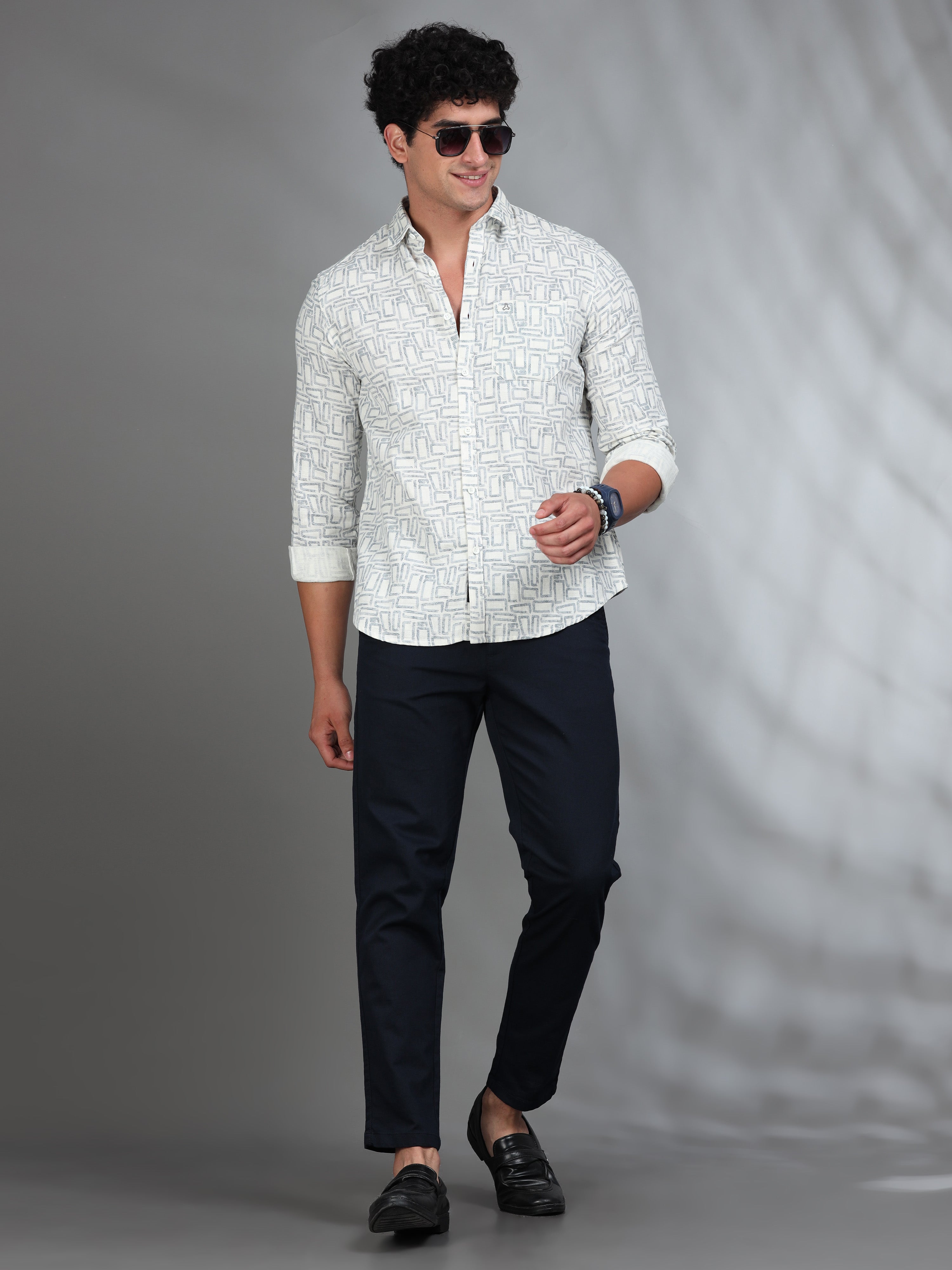 MEN'S GREENISH GREY PRINT SLIM FIT SHIRT